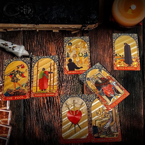 Miniatura 4 de KIINO Baraja de tarot de papel de aluminio dorado 78 con caja de regalo, diseño original Rider Waite Tarot tarjetas con libro guía, para