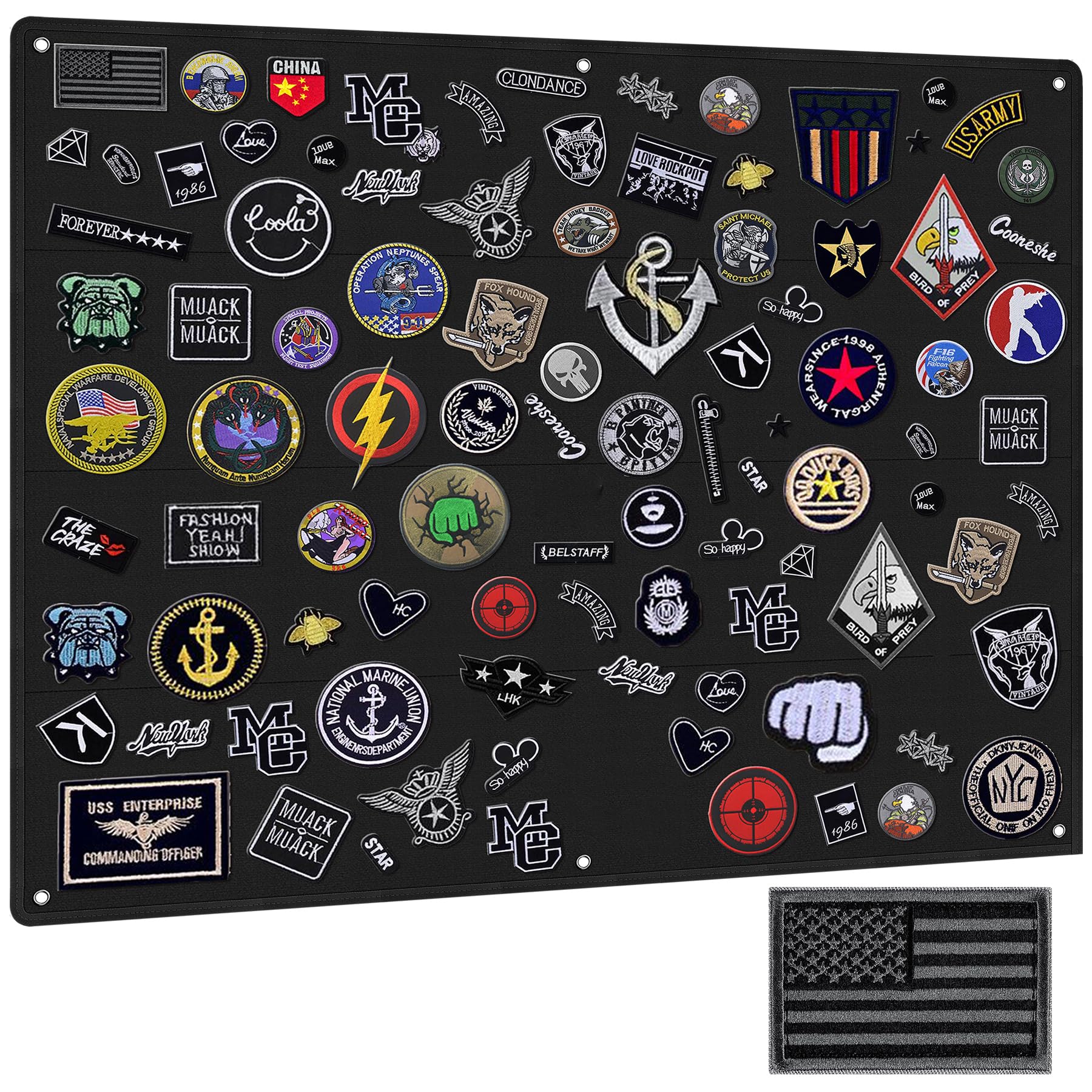 IronSeals Tactical Board Patch Organizer Holder Display with Loop Surface, Steel Ring and Flag Patch (M: 85 x 70CM/ 33" x 27.5" x 17.7", Black + Flag)