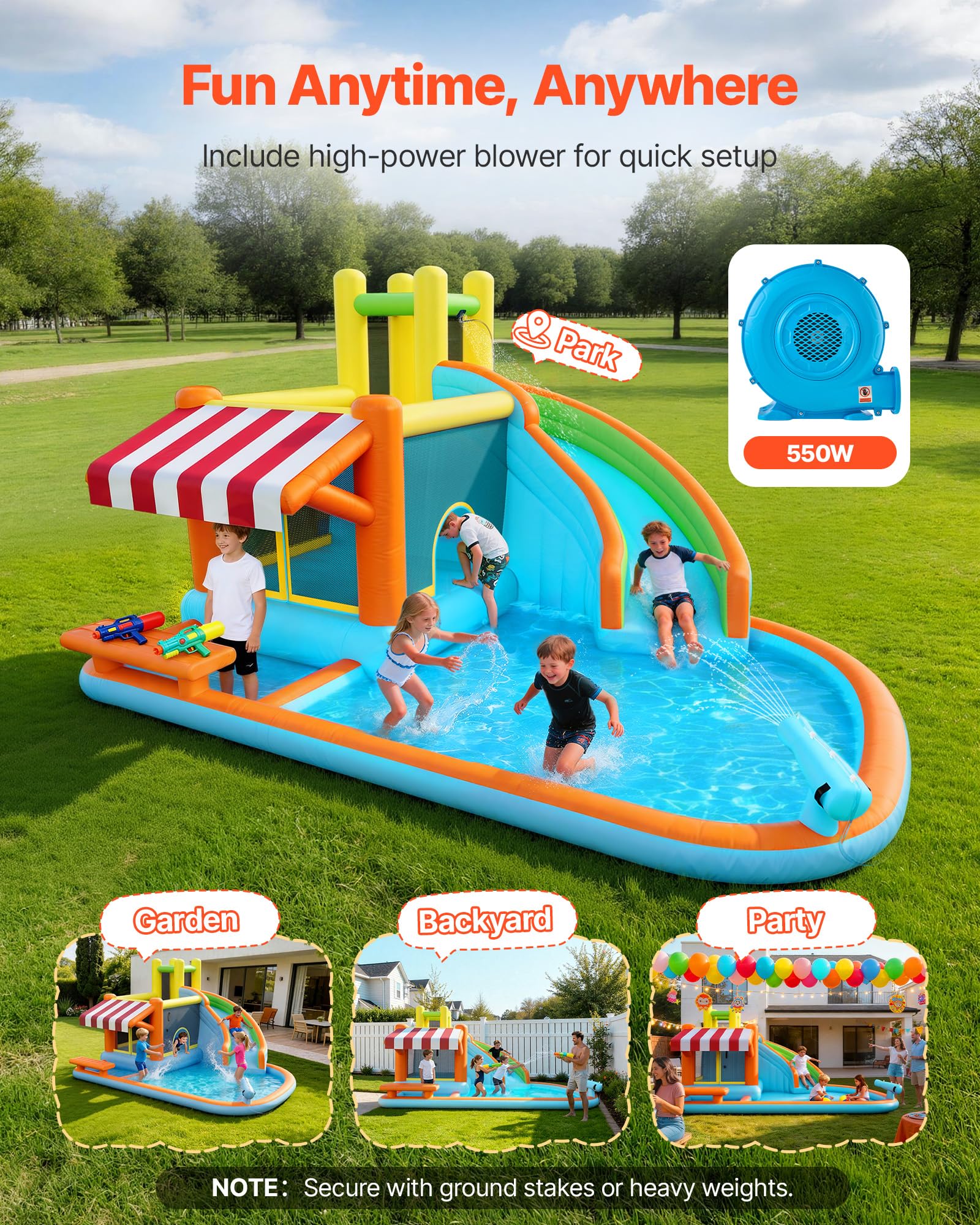 VEVOR Castello Gonfiabile da Esterno per Bambini Parco Acquatico 455x390x238 cm, Castello Gonfiabile con Scivolo Piscina Bancarella Capienza ca. 3-4 Bambini 3-8 Anni, Gioco d'Acqua per Esterno