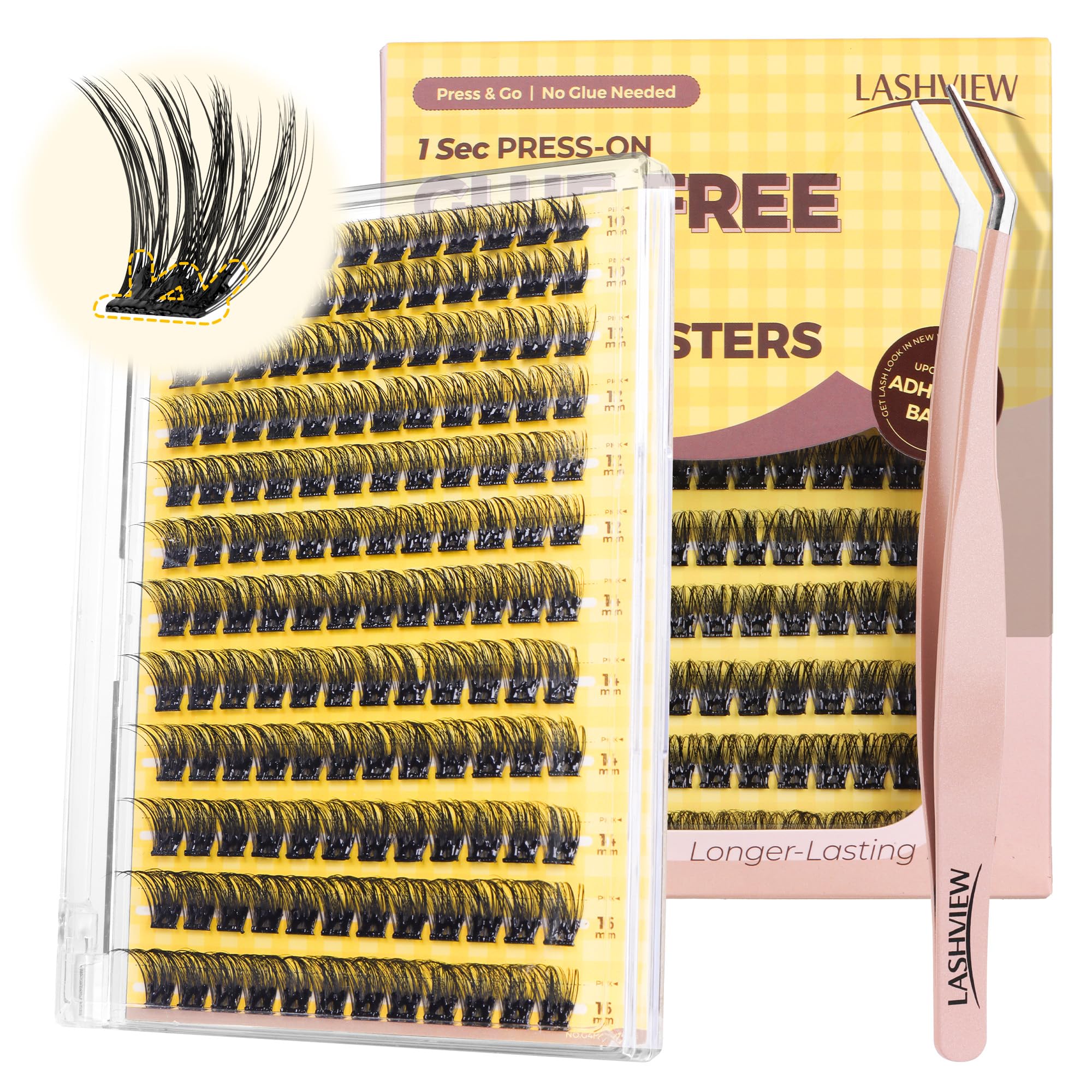 LASHVIEW Self Adhesive Lashes Clusters Eyelashes,Press-on Lashes 10-16mm Individual Lash Extension Kit with Lash Tweezers,No Glue Needed Natural Self Adhesive DIY Eyelash Extension Kit (F23-D)