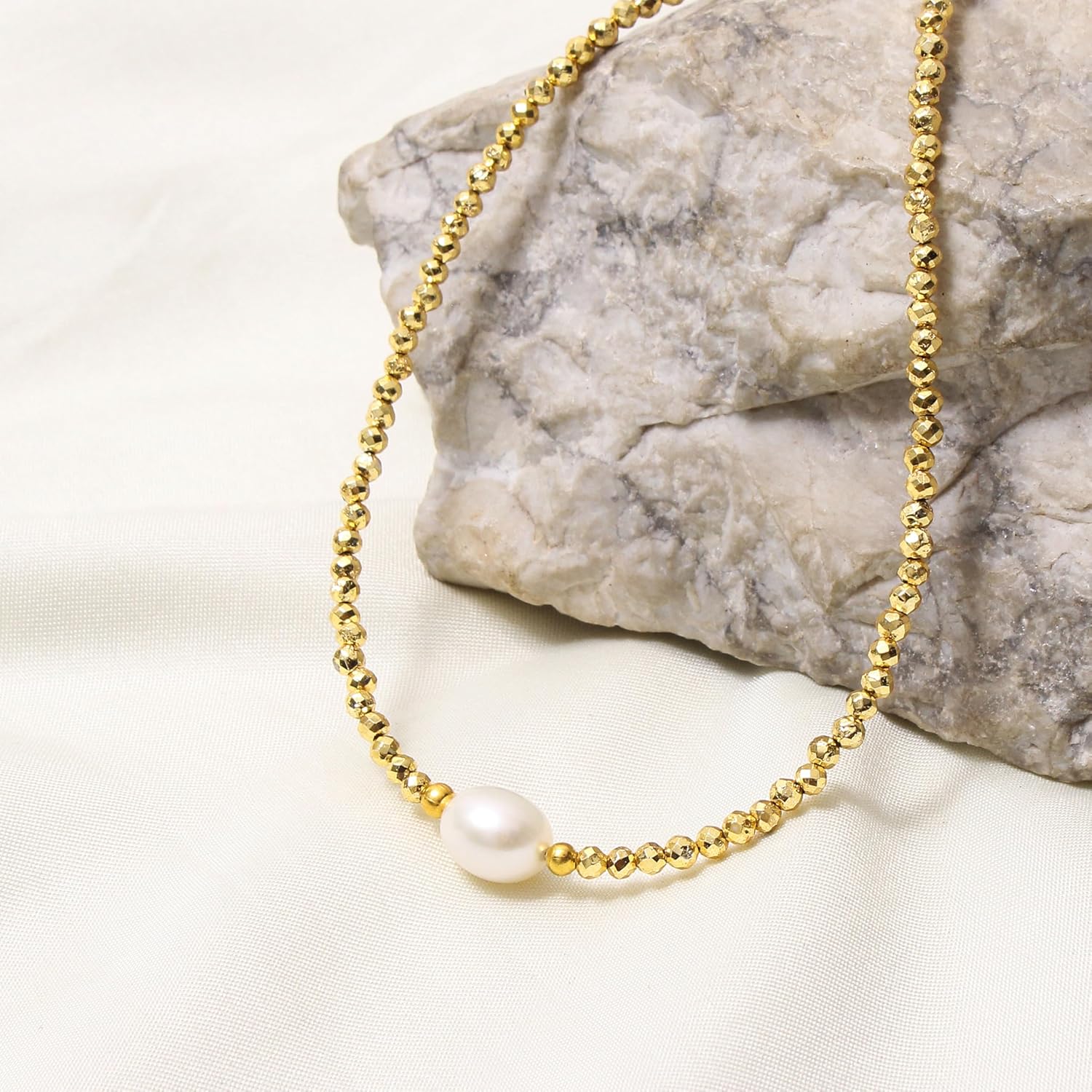 A&M Gems Natural Gemstone 3-3.5 mm Round Faceted Beaded Necklace for Women 7-10 mm Freshwater Pearl Choker Style Gold Plated Hypoallergenic Non-Tarnish Handmade Jewelry 18 Inches