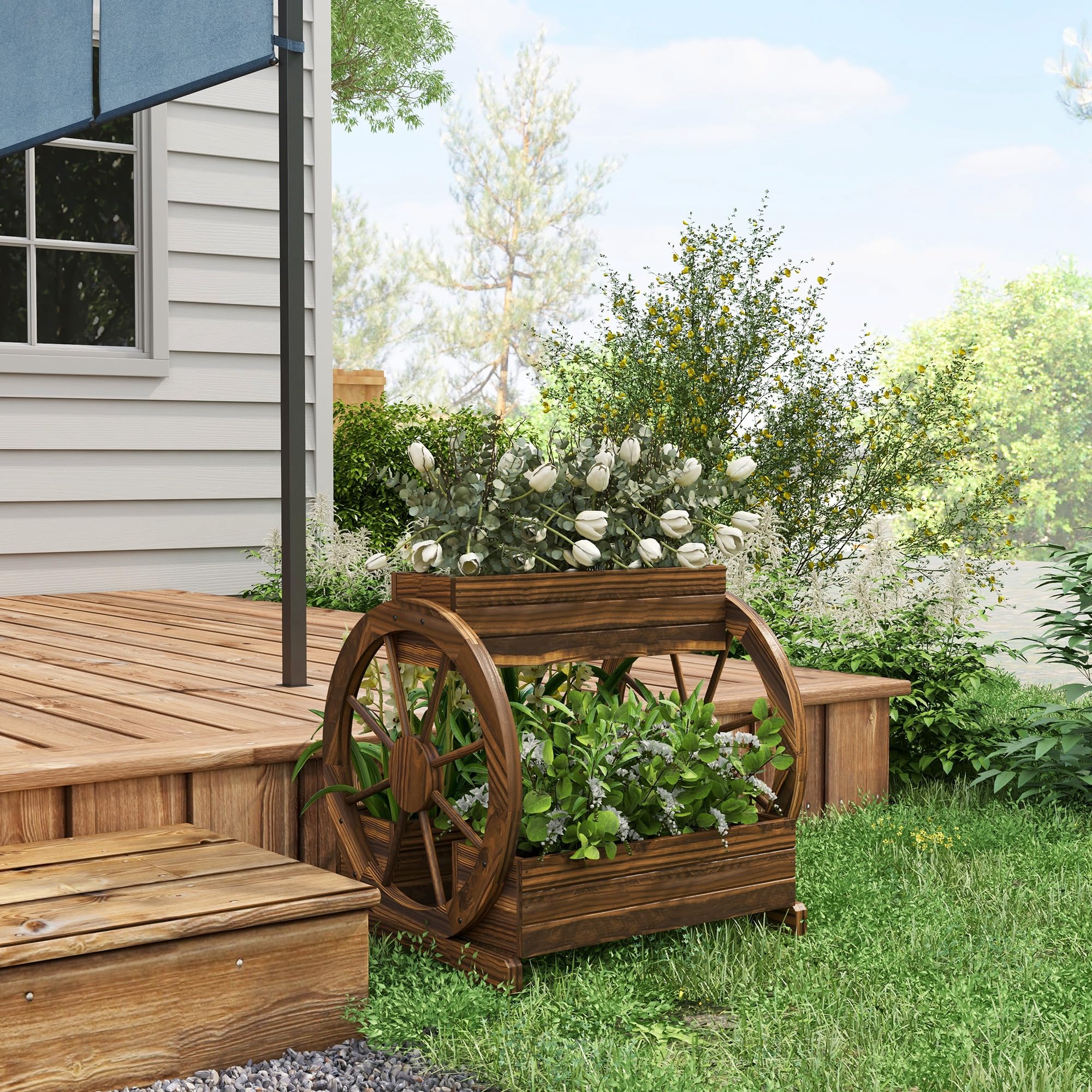 Outsunny Orto Rialzato da Esterno 2 Livelli 3 Vasi Ruote 64x54x60 cm | In Legno, Stile Country, per Fiori Erbe Aromatiche Verdure, Giardino Balcone e Terrazza
