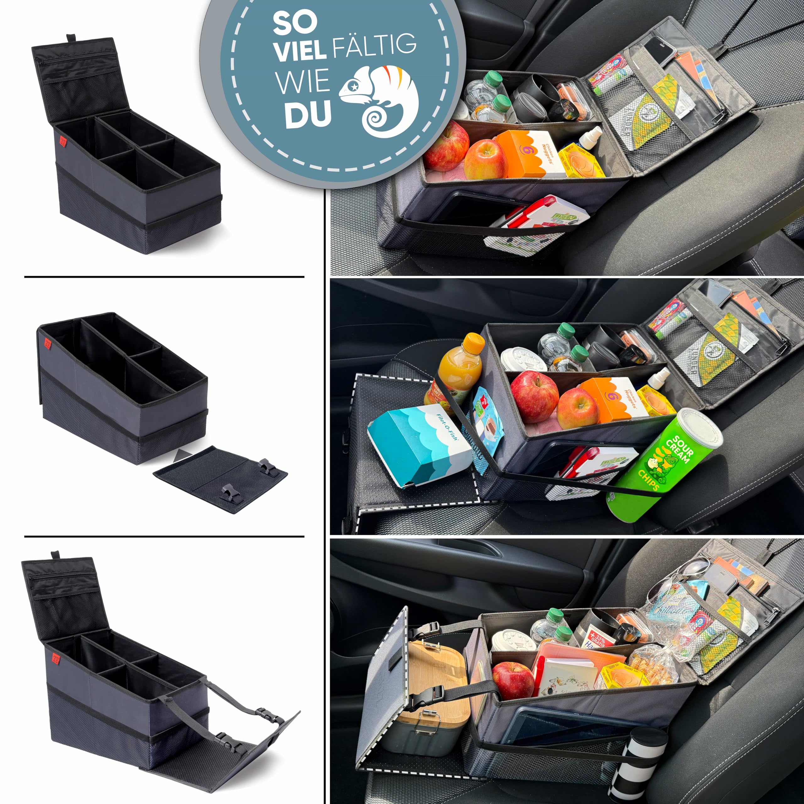 ESSENZZ ROADSSTA - Organizador para asiento trasero de coche 3 en 1 para niños con función de mesa de viaje y soporte para bebidas, asiento del copiloto y maletero