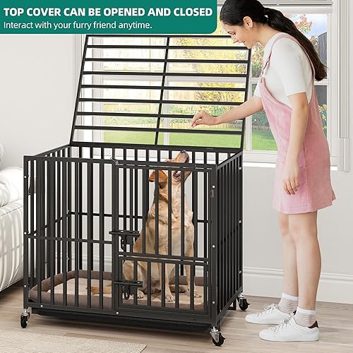 Miniatura 4 de YITAHOME Jaulas resistentes para perros pequeños y medianos, perrera de metal de 38 pulgadas para interiores con ruedas, jaula para perros de alta