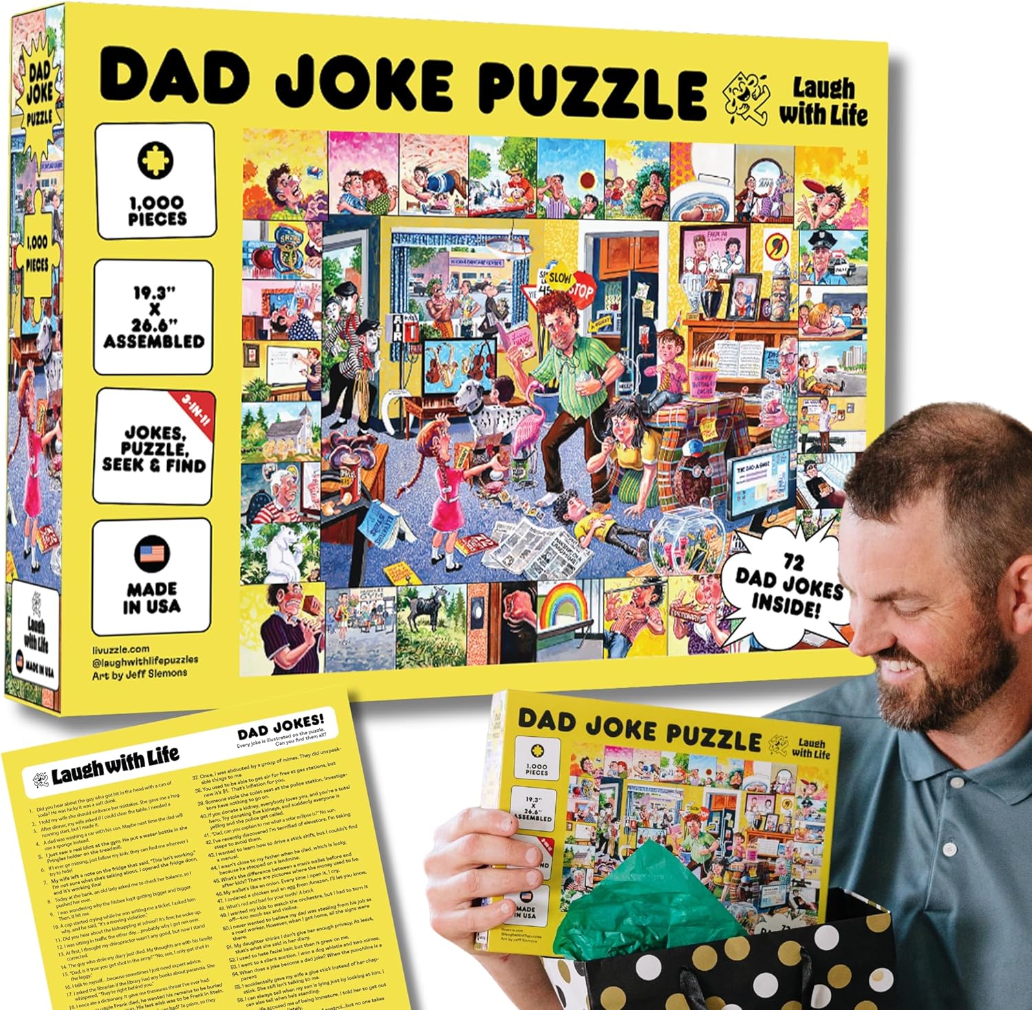 Dad Joke Puzzle - 1000 Piece Funny Jigsaw Puzzle for Adults | 72 Dad Jokes + Seek & Find for Dad from Daughter or Son | Laugh with Life