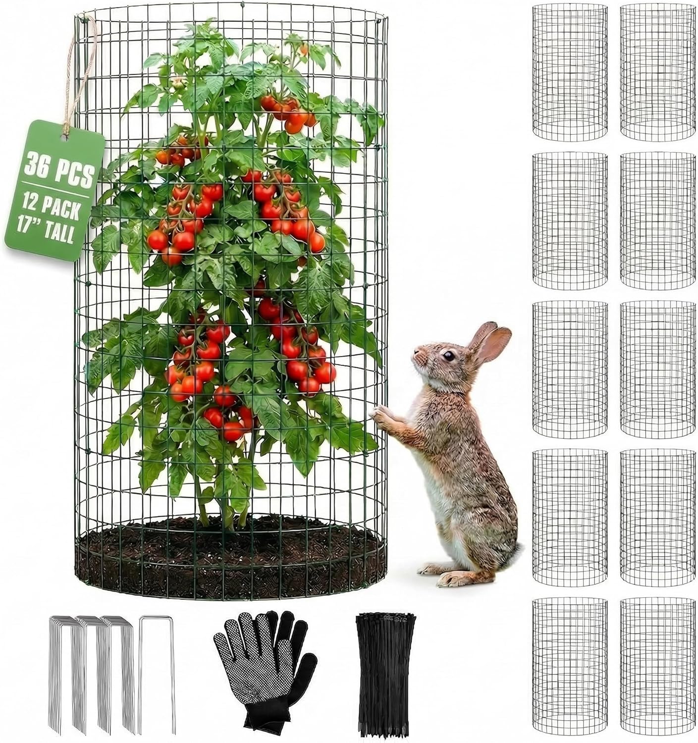 12 Pack 17" x 12" Tall Round Plant Cage - 36PCS Plant Support Cage Metal Wire Mesh Plant Protector for Outdoor Gardening Supplies Garden Protection Rabbits Chickens Ducks for Vegetables Flowers Shrubs