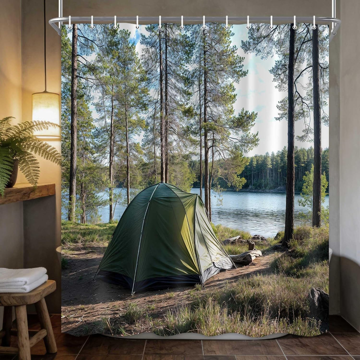 Happy Camper Shower Curtain, RV Shower Curtain, RV Bathroom Accessories for Travel Trailers, Camping Shorter and Narrow Stall Fabric Bathroom Decor withHooks (Green, 72"W x 84"L (Pack of 1))