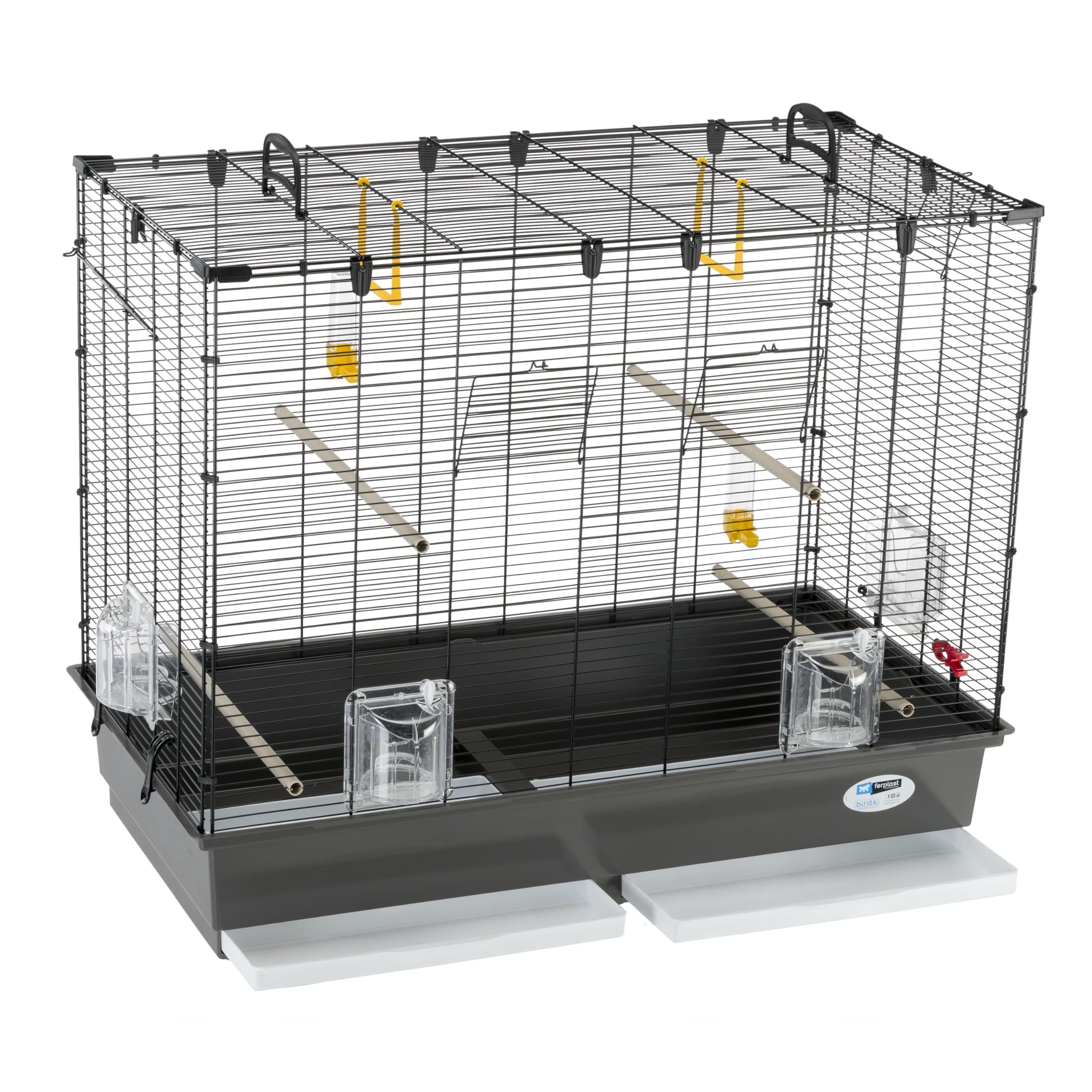 Ferplast Amplia Jaula para Canarios, periquitos y pequeños pájaros exóticos Piano 6, con Accesorios, Percha Modular y comederos giratorios, Pintado Negro y cubeta Marrón, 87 x 46,5 x h 70 cm