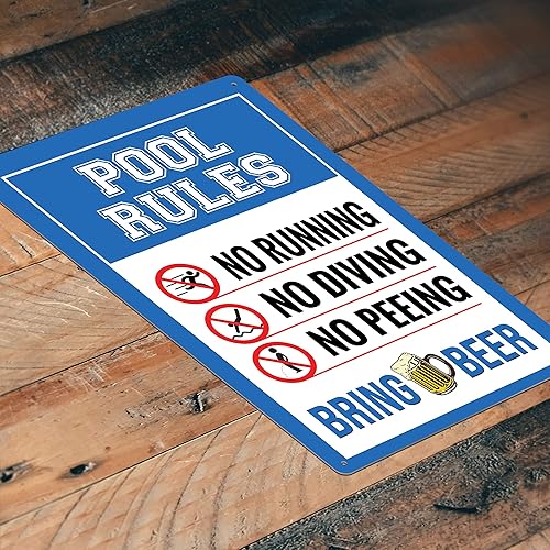 JP's Parcels Letreros de hojalata para decoración de piscina, letrero de metal de 12 x 8 pulgadas, reglas de piscina, no correr, buceo o orina, trae