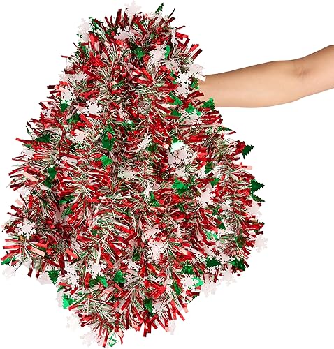 Miniatura 4 de Guirnalda de Oropel Esponjosa de 32 Pies Roja Verde Plateada con Copos de Nieve Decoraciones Navideñas Decoración Metálica Colgante para Techo Rojo
