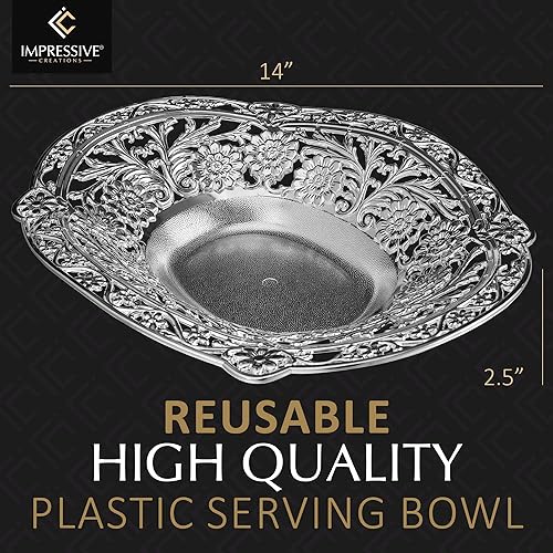 Miniatura 2 de Cuenco grande de plástico plateado para servir alimentos, paquete de 2 bandejas rectangulares decorativas reutilizables para aperitivos, diseño