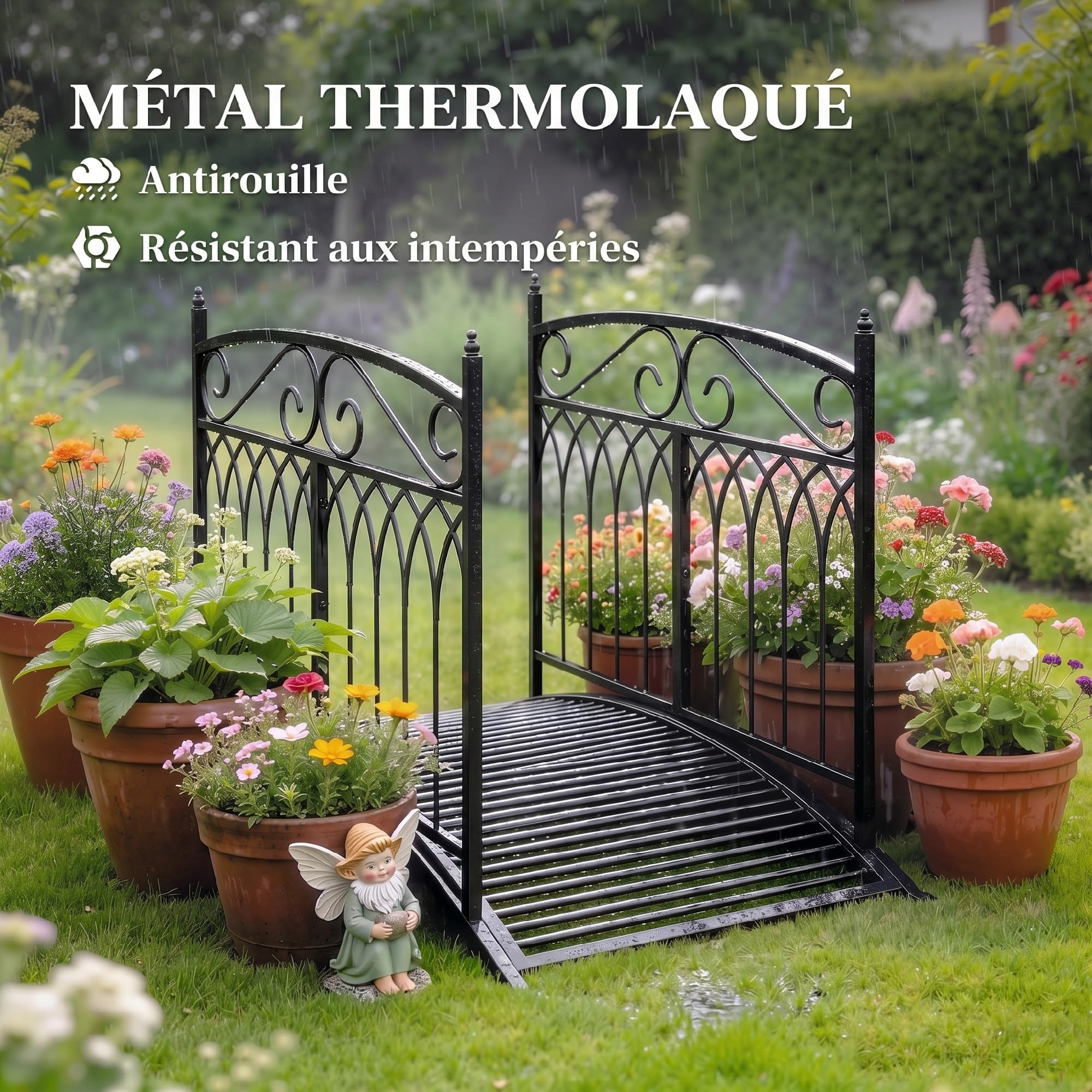 Outsunny Pont de Jardin en Métal Style Baroque - Passerelle Décorative avec Garde-Corps 91cm et Charge 100kg - Pont d'Extérieur 135cm Antirouille pour Bassin Étang Ruisseau et Jardin Japonais, Noir