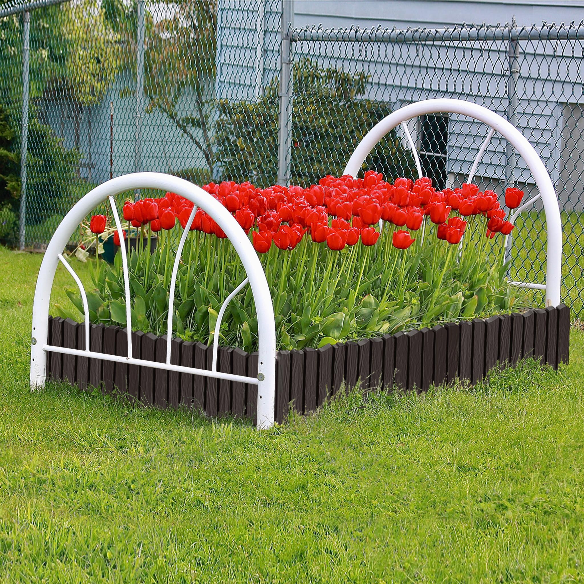 FIVMEN Rasenkante Kunststoff 4,6 m Holzoptik Beeteinfassung Beetumrandung mit 10 cm Stifte Holzmaserung imitiert Mähkante Palisade Gartenzaun für Garten, Braun