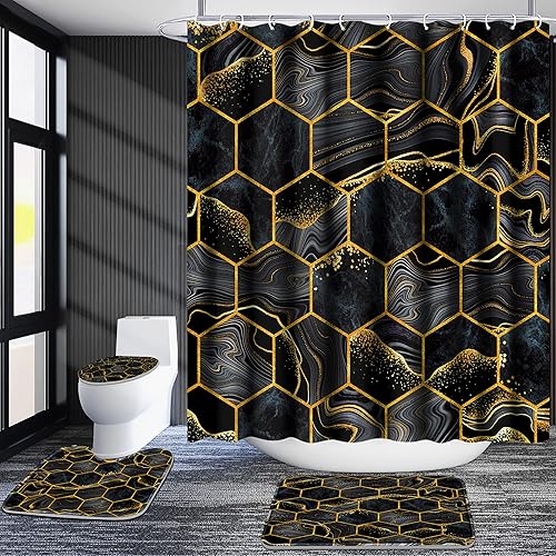 Miniatura 2 de Poedist Juego de cortinas de ducha con alfombras, juego de accesorios de baño, incluyendo alfombras antideslizantes, cubierta de tapa de inodoro y