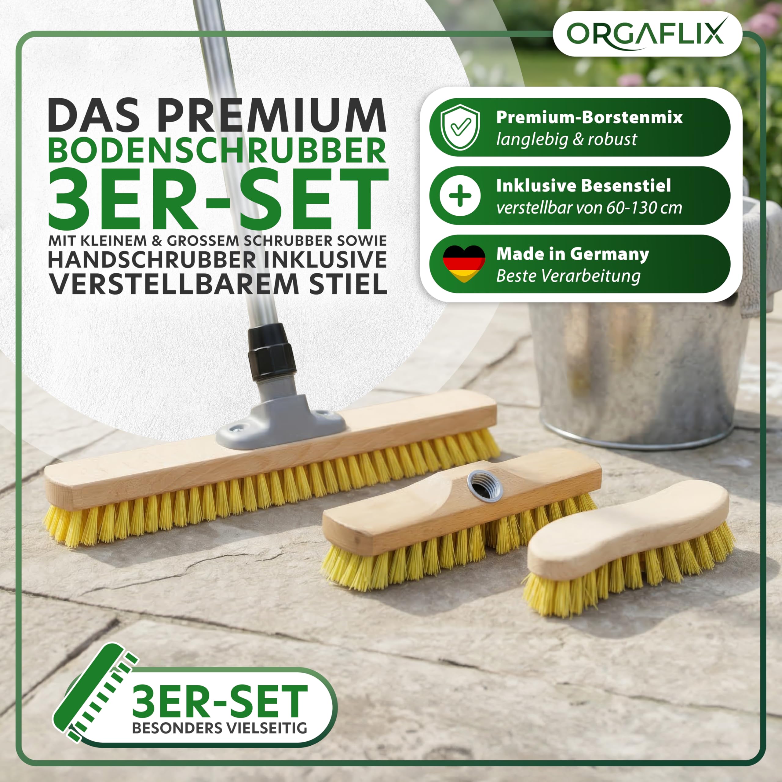 ORGAFLIX Profi Schrubber Set 3-teilig mit Stiel, Bodenschrubber 40 cm, Schrubber 22 cm, Scheuerbürste