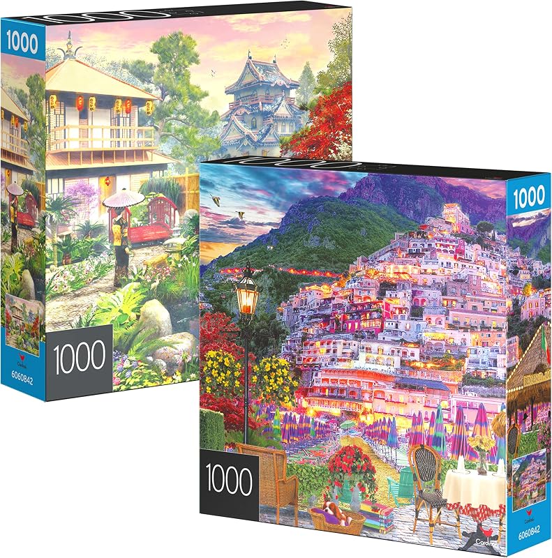 Spin Master Games, 2-Pack of 1000-Piece Jigsaw Puzzles, Amalfi Coast & Japan Garden, Puzzles for Adults and Kids Ages 12+, Amazon Exclusive