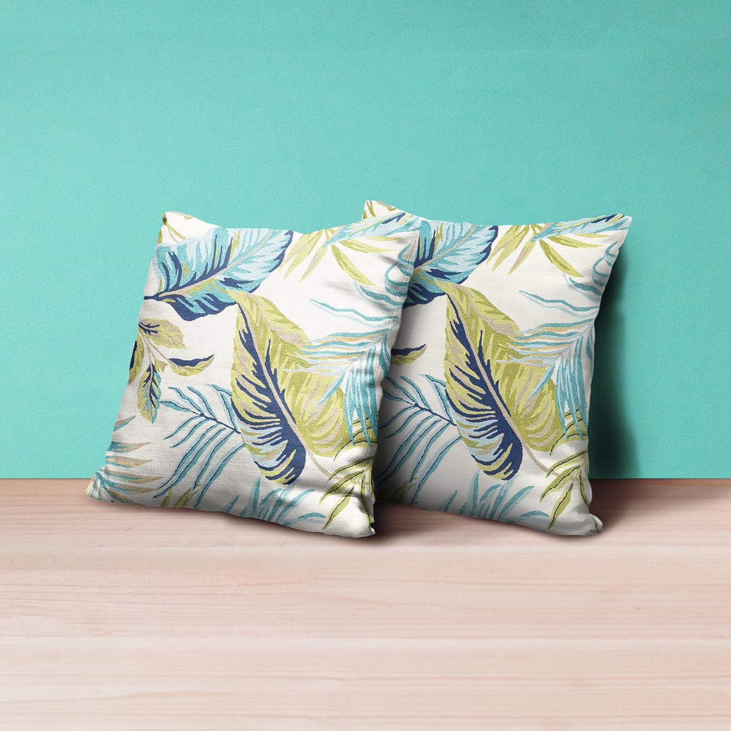 Green Blue Tropical Leaf Pillow Covers 24x24 Inch Set of 2 Palm Leaves Pillow Cases Farmhouse Botanical Plant Summer Throw Pillows Linen Cushion Cover for Home Sofa Bedroom Outdoor