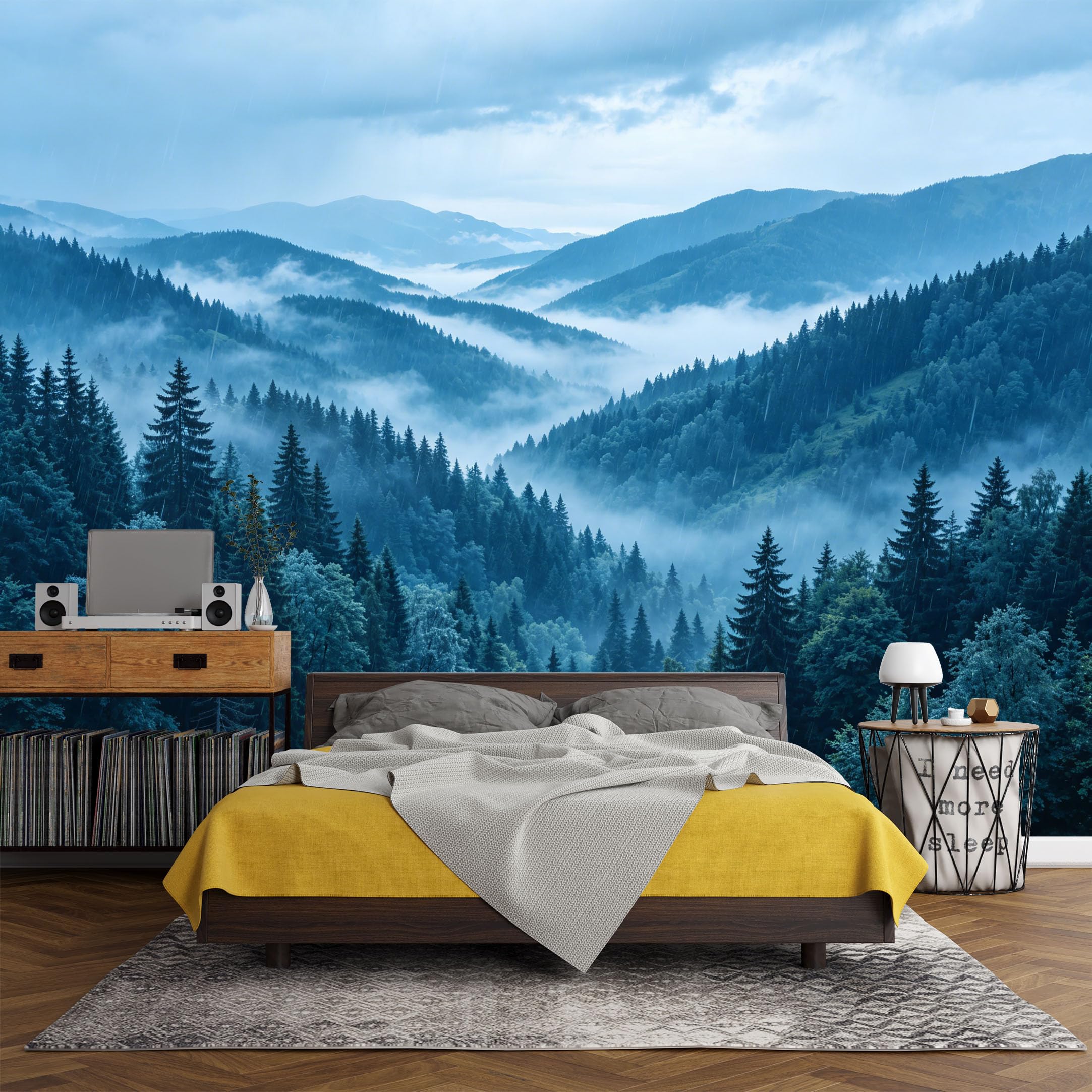 Custom Size Wall Mural Misty Mountain Forest Landscape Rain Scenery SelfAdhesive Art Prints wall Fabric（No PVC） Removable Wallpaper Living Room Decor
