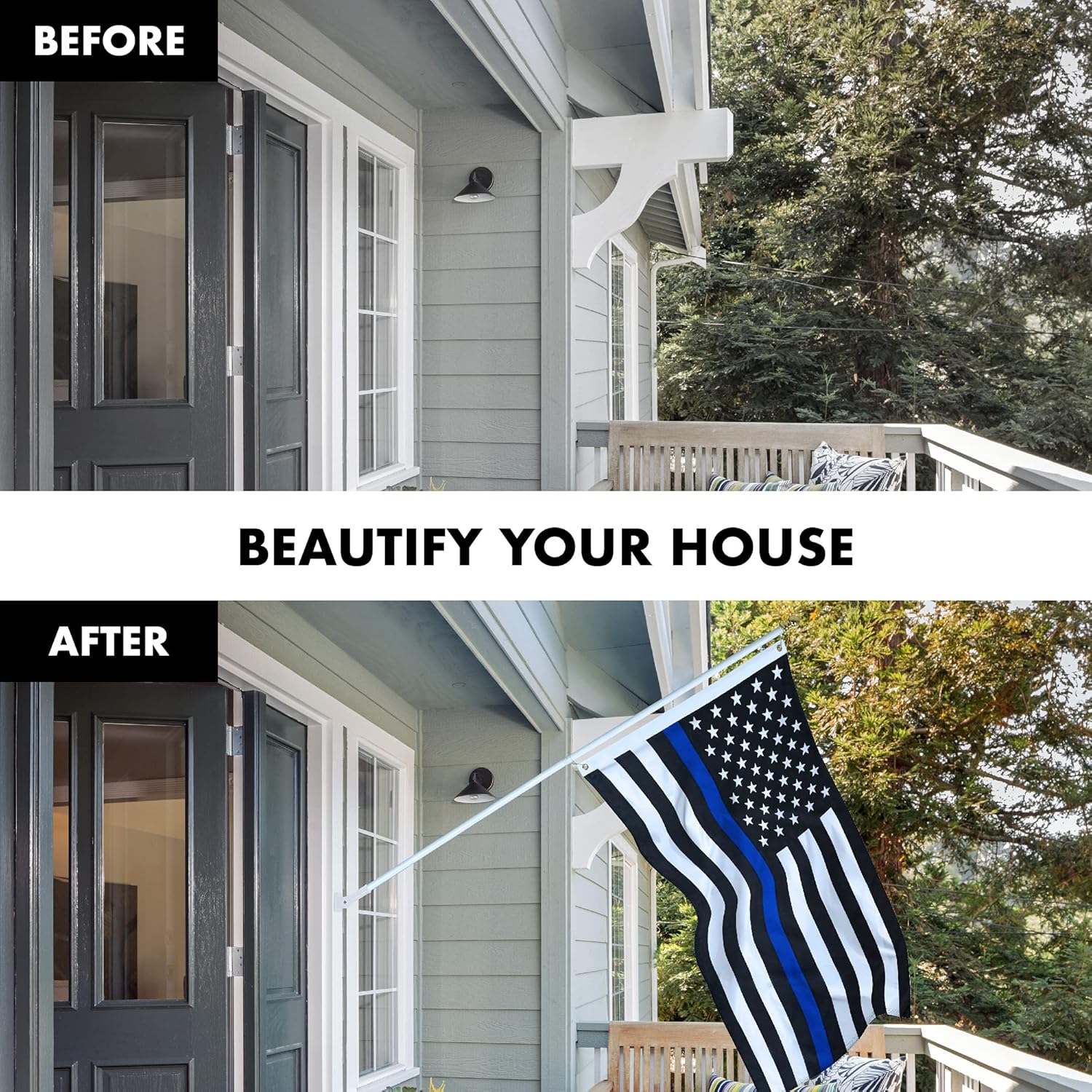 G128 Combo Pack: 6 Ft Aluminum Spinning Flagpole (White) & Thin Blue Line Flag 3x5 Ft, LiteWeave Series Printed 100D Polyester | Pole with Flag Included