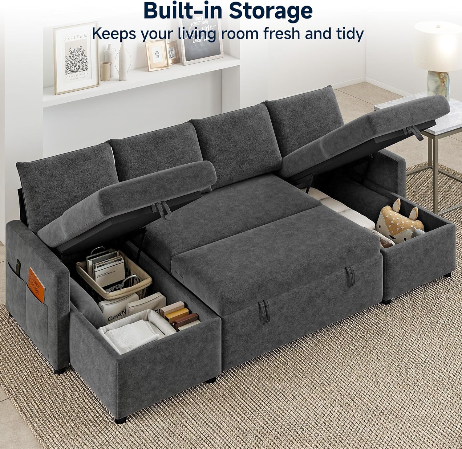 Real Relax 104'' Sofa Bed, U Shaped Sleeper Sofa Bed with Pull Out Couch and Chaise Storage for Living Room, Apartment and Office, Chenille, Dark Gray Dark Gray 104'' U-shaped