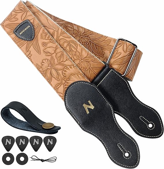 Nefelibata Guitar Strap with Pick Pocket,2.3 inch Porter Style Vegan Leather Carving Guitar Straps,60s Vintage Style(Brown Yellow)