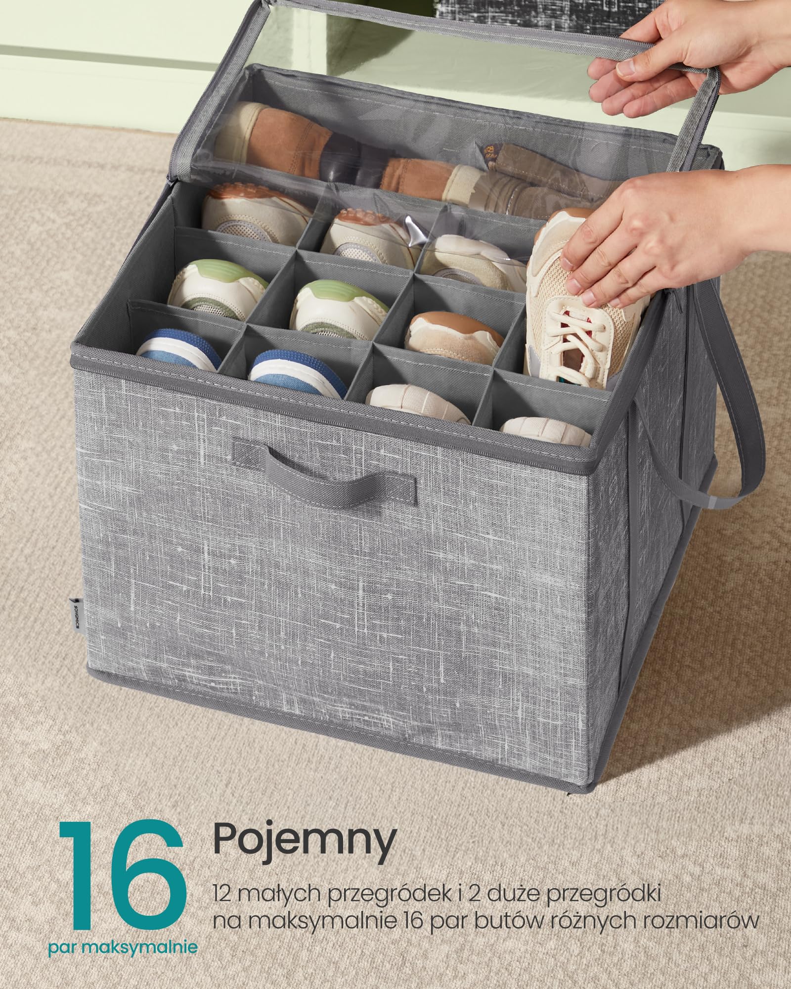 SONGMICS Organizer na buty, zestaw 2 szt., każdy na maksymalnie 16 par, pudełko do przechowywania butów, uchwyty, przezroczysta pokrywa, do sypialni, przedpokoju, garderoby, Rush Grey LSP602G01