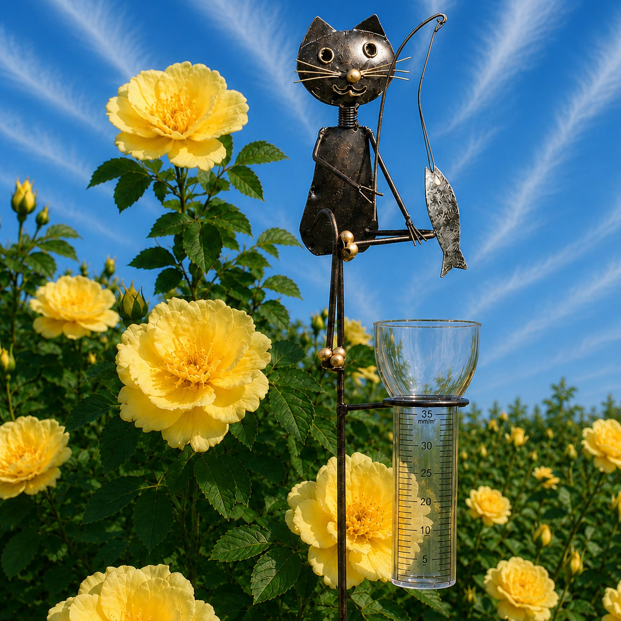 Pommerntraum ®| Regenmesser Ombrometer Katzen Gartendekoration Geschenkidee | Niederschlagsmesser Pluviometer Gartendeko Gartenstecker Katzenfigur Gartenfigur Gartenaccessoires (Katze Kater angelt Fisch)