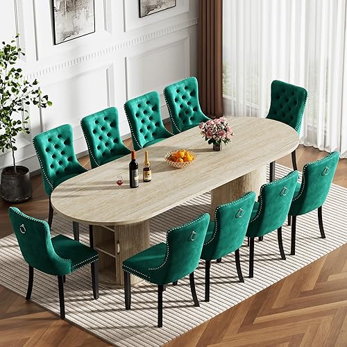 Miniatura 15 de Moderno juego de mesa de comedor extensible de 11 piezas para 10, juego de mesa de cocina ovalada expandible con 10 sillas de terciopelo, mesas de