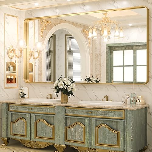 Miniatura 1 de TokeShimi Espejo de tocador de baño dorado de 72 x 36 pulgadas para pared, espejo rectangular con aleación de aluminio no oxidante, marco de metal