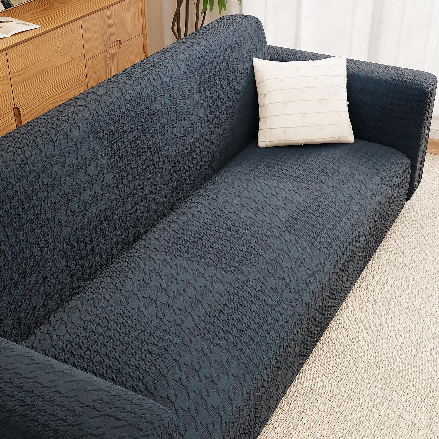Lukzer 5 Seater Sofa Cover - Pastel Marine Blue Square Knit Pattern | 3+1+1 Universal Textured Jacquard Fabric 240 GSM Elastic Couch Protector | Washable Sofa Cover for Living Room (SC-180-05)-picture-29