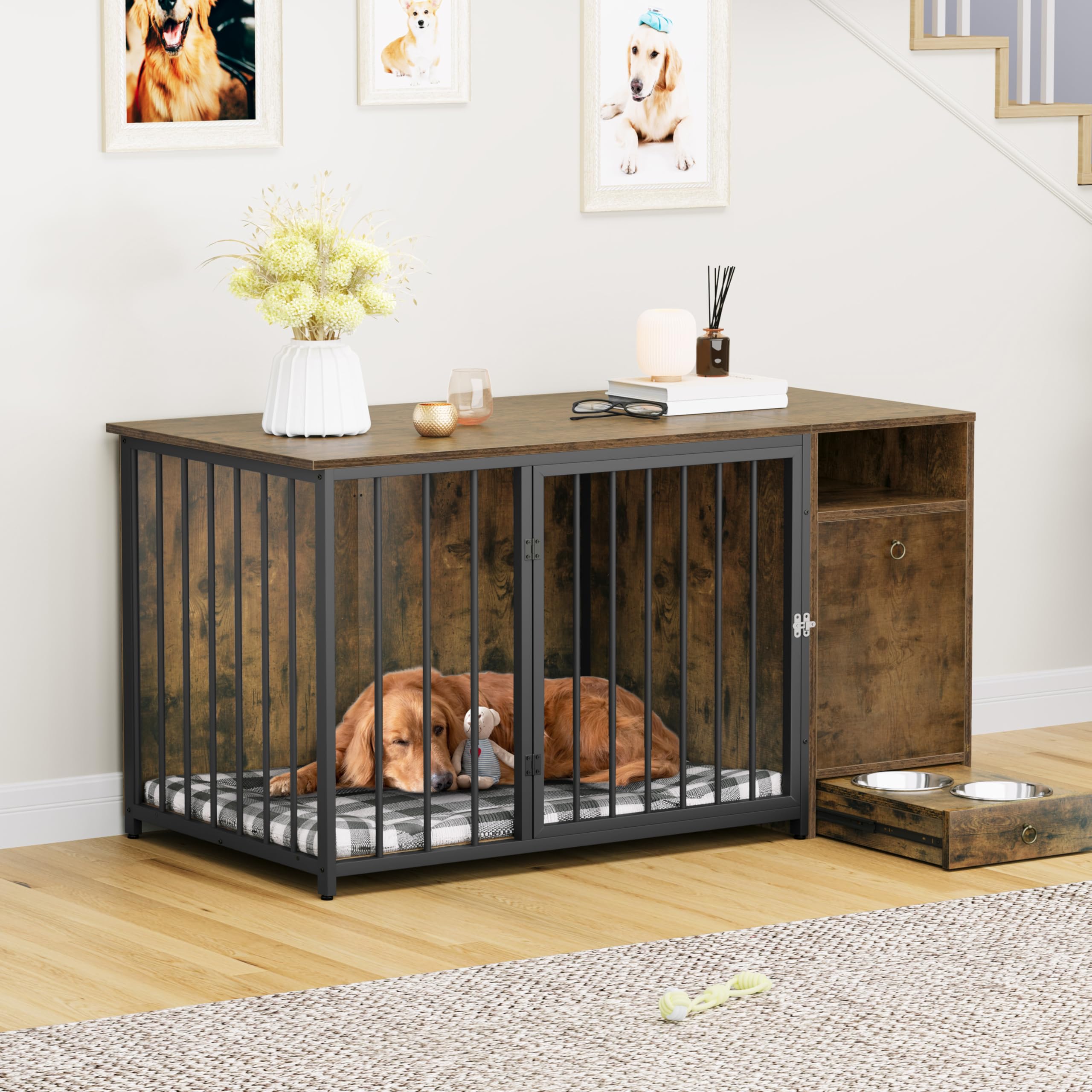 Open hidden bucket cabinet revealing multiple storage compartments for dog supplies.