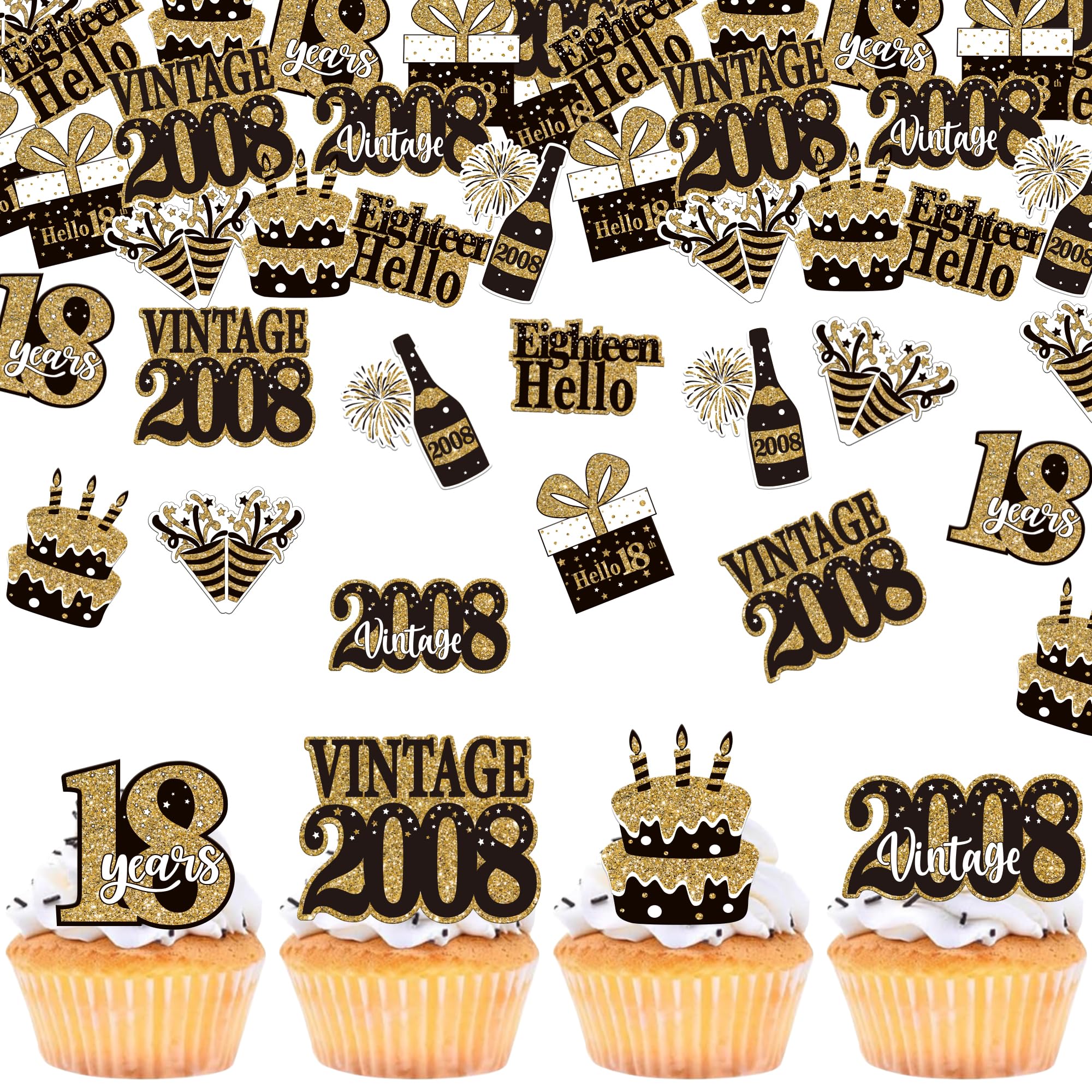 SYKYCTCY 63 Pack Edible Happy 18th Birthday Cupcake Toppers Vintage 2008 Eighteen Cupcake Picks Hello 18 Cheers to 18 Years Cupcake Decorations for 18th Birthday Party Cake Decorations Supplies โ image 1