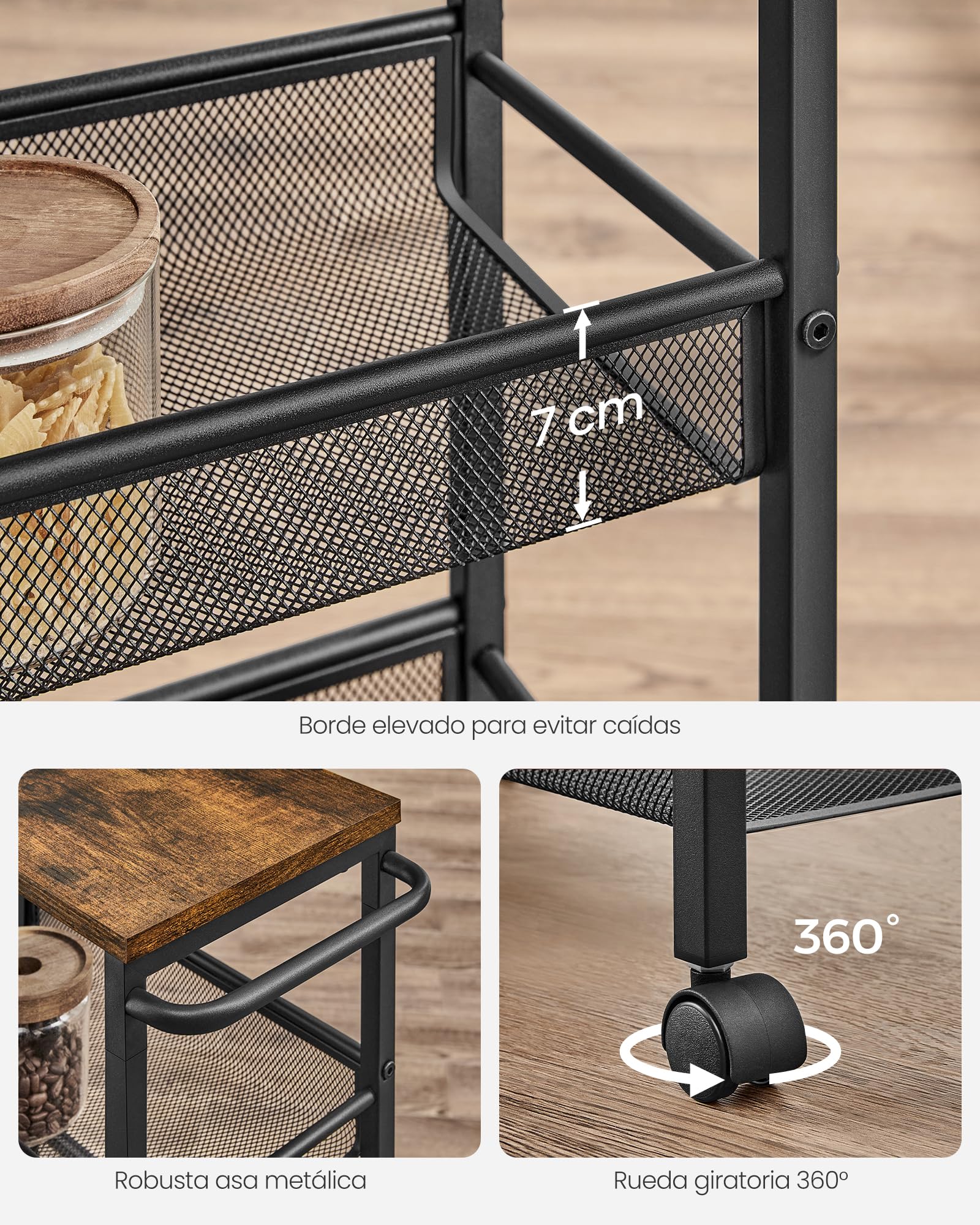 VASAGLE Carro de 4 Niveles, Carro Estrecho de Cocina con Ruedas, con Asa, para Espacio Reducido, 22 x 45,4 x 77 cm, para Cocina, Baño, Salón, Estudio, Marrón Rústico y Negro LRC033B01
