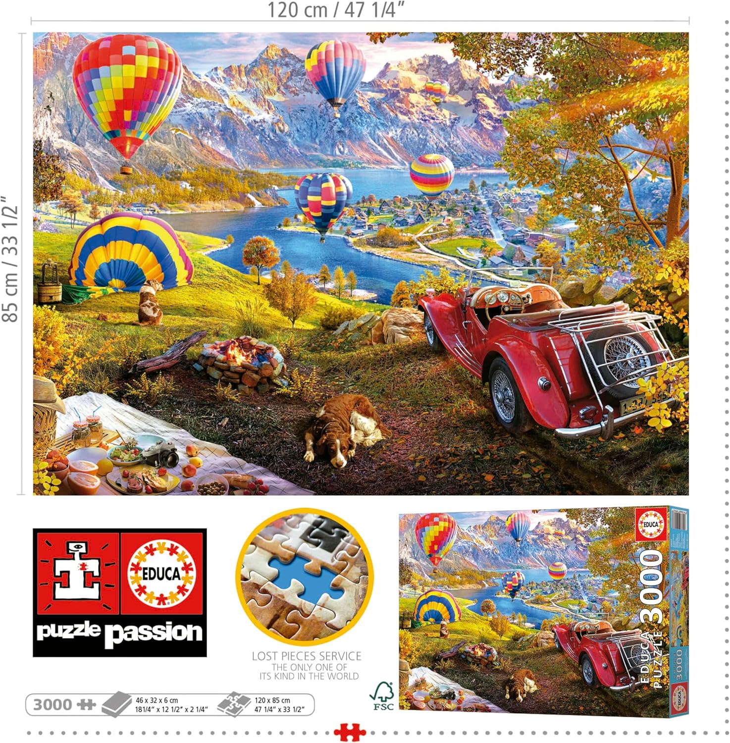 Educa - The Valley of hot air Balloons | 3000 Piece Puzzle for Adults. Measurements: 47,24" x 33,46". Includes Lost Part Service While Supplies Last. from 14 Years Old (19947)