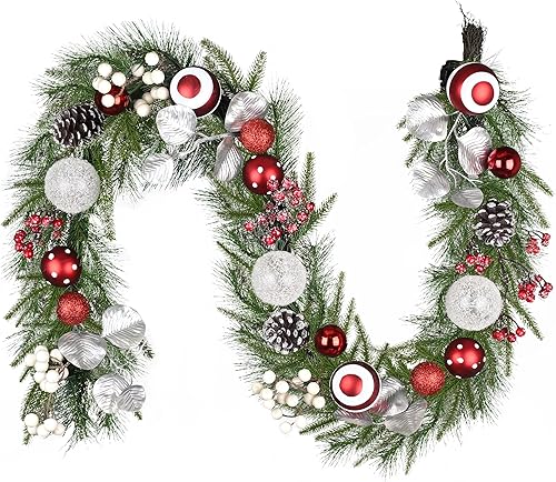 Miniatura 7 de Valery Madelyn - Guirnalda de Navidad de 2,7 m con luces preiluminadas para manto, guirnalda iluminada para exteriores de Navidad con bolas rojas y