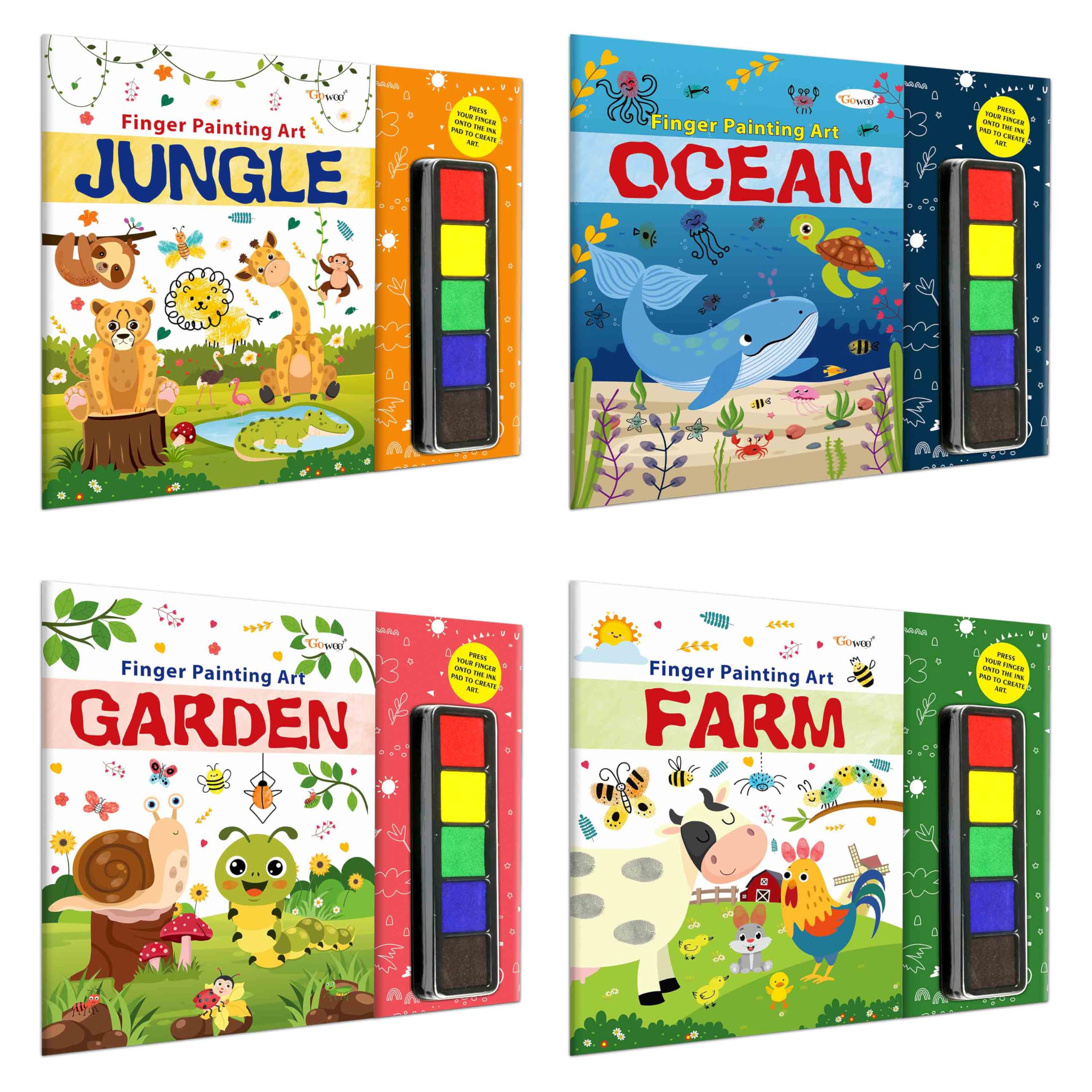 JUNGLE, OCEAN, GARDEN and FARM - Fingerpainting and Colouring Art : Art book for children, Coloring Activity Book, Thumbprint Art and Craft book for Toddlers| Pack of 4 Art and Craft Books Paperback – 10 September 2024