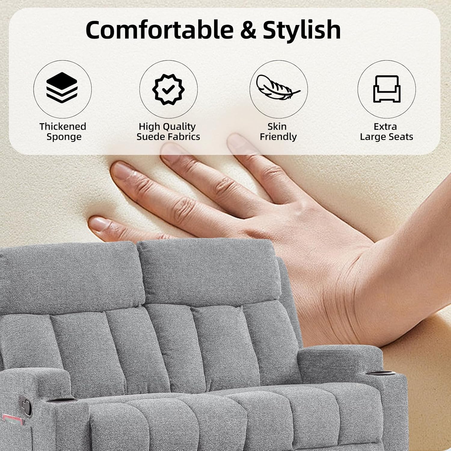 CANMOV Manual Recliner Sofa Set, Fabric Home Theater Seating with Side Pockets and Cup Holders, 2 Seat Reclining Couch for Living Room, Office, Light Grey