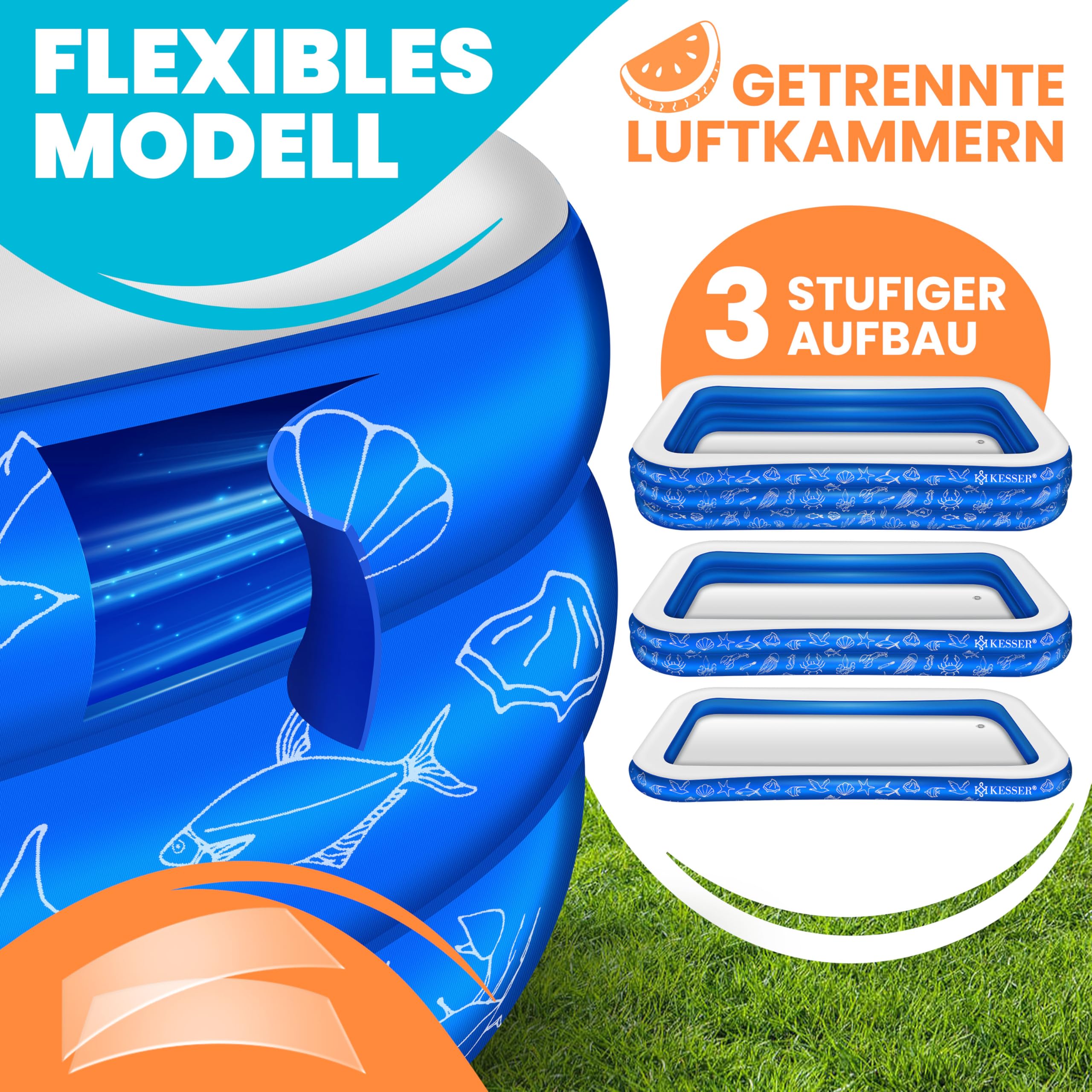 KESSER® Piscine gonflable familiale pour enfants et adultes Piscine de jardin Piscine familiale Piscine d'été 305 x 183 x 56 cm Pataugeoire 1180 l Convient aux enfants Avec kit de réparation et balle