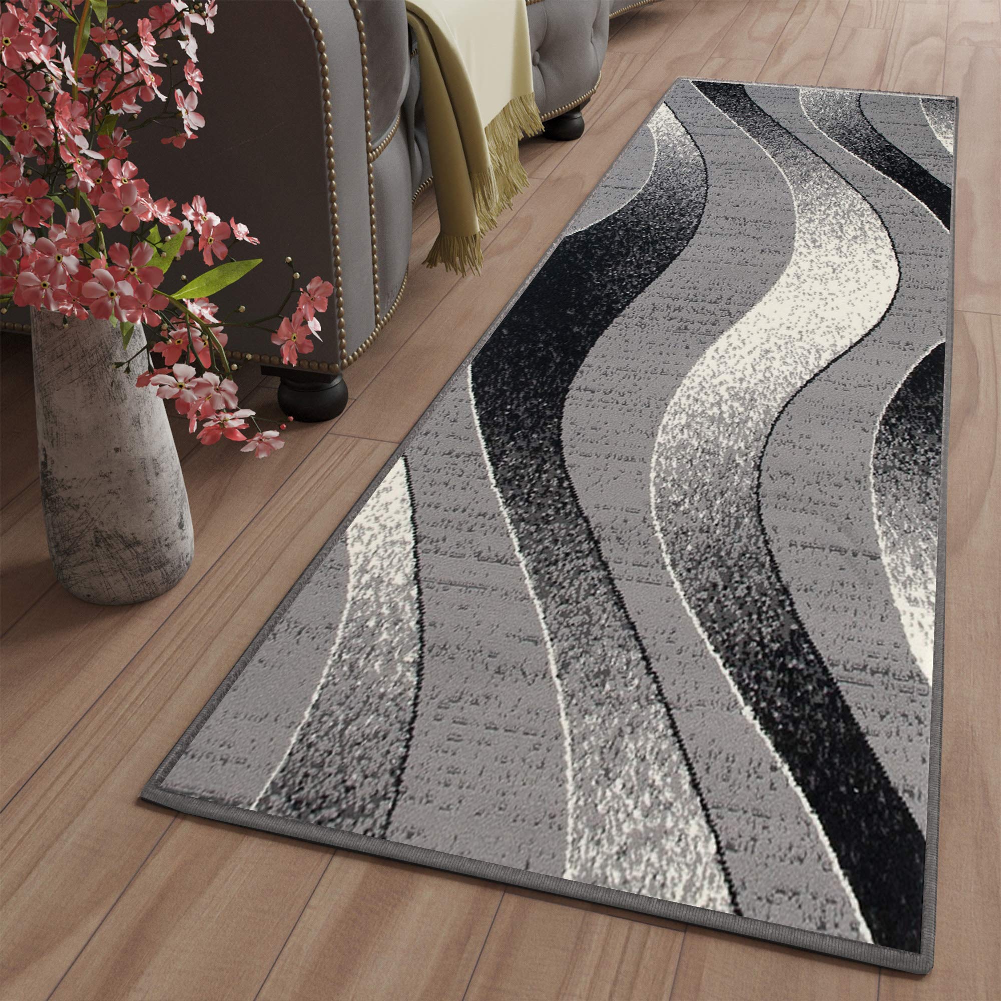 Tapiso Dream chodnik na korytarz, nowoczesny pasek, w paski, jasnoszary, kremowy, czarny, do salonu, kuchni, Ökotex 140 x 250 cm
