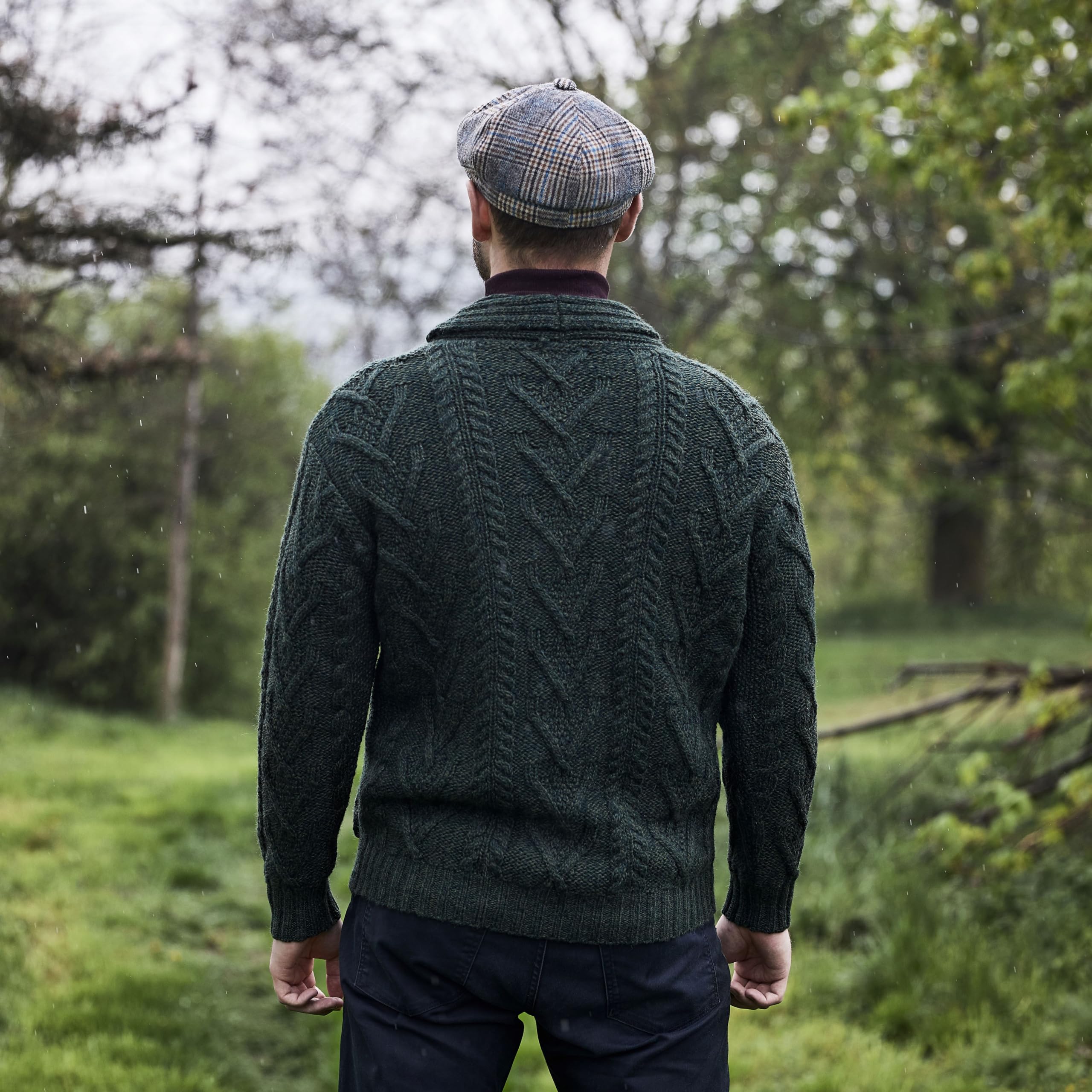 SAOL 100% wełna merino męski Aran Cable Knit szal kołnierz casual irlandzki kardigan z guzikami i kieszeniami
