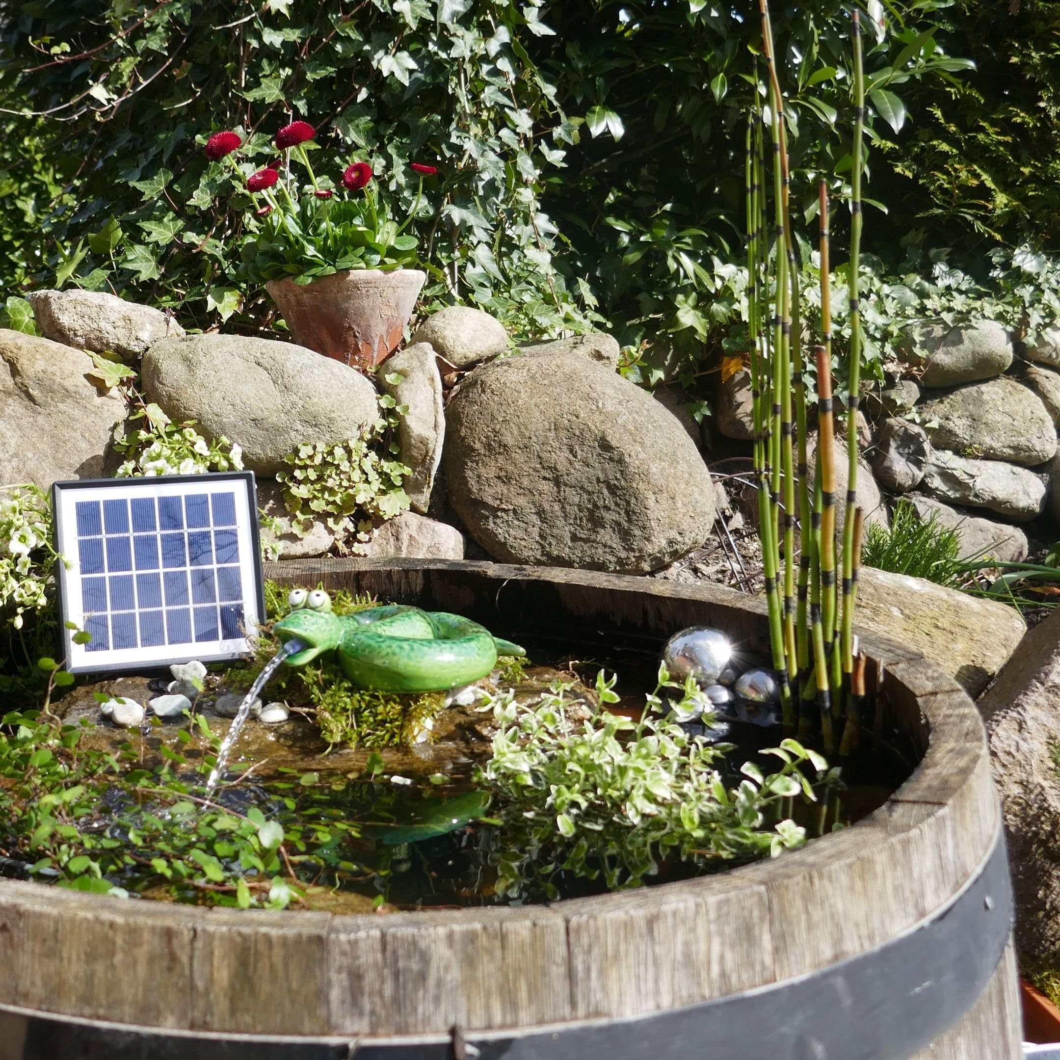 Storm's Gartenzaubereien Wasserspeier Solar mit Pumpe Schlange - grün aus Keramik für Teich und Miniteich