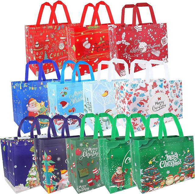 Meetory Christmas Tote Gift Bags Large Multipack, 12pack Xmas Gift Present Bags with Handles, Non-Woven Reusable Christmas Shopping Grocery Bag for Presents Holiday Xmas Event Party Supplies