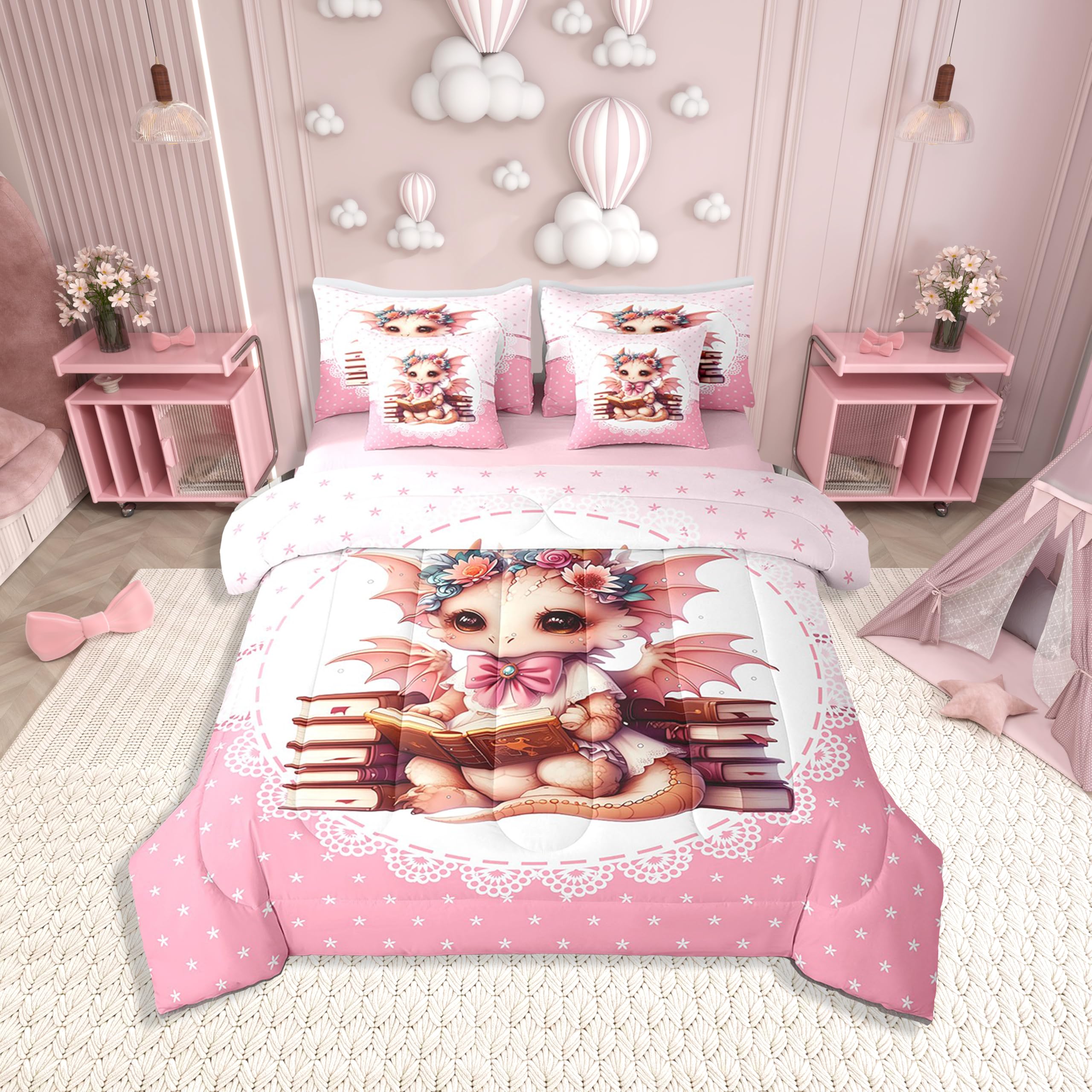 Manfei 7 Pieces Girly Dragon Comforter Set for Kids,Cute Bowknot Princess Tale Bedding Set Twin Size,Pink Cartoon Animals Comforter for Boys Girls
