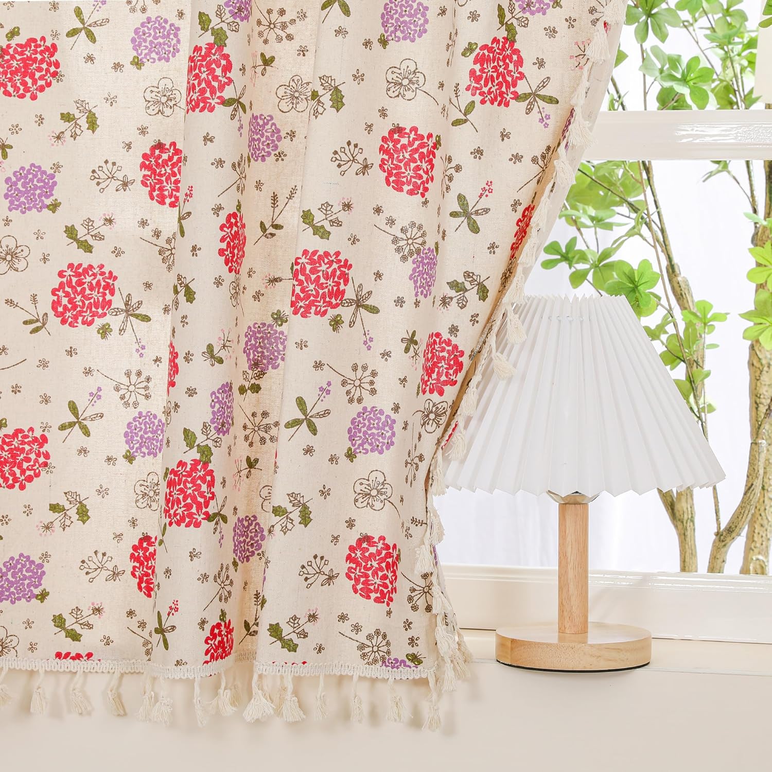 Floral Farmhouse Curtains Closet Semi Blackout Living Room Drapes Cotton Linen Short Bohemian Window Curtain Panels with Tassel Rod Pocket Bedroom Drapes, 1 Piece, 54 x 56 Inch