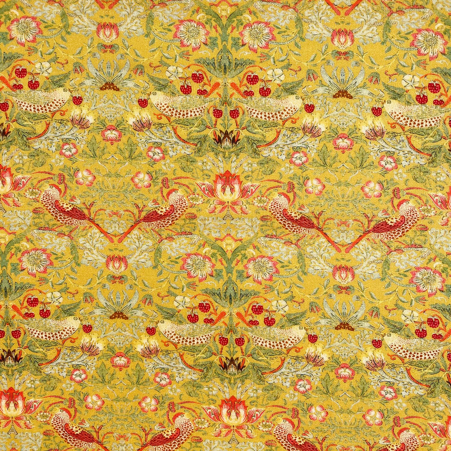 Glamour Secrets Yellow Cotton Fabric - William Morris Strawberry Thief Ochre - Floral & Bird Print Craft Fabric Material Metre