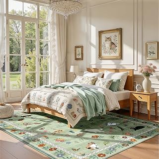 AIMPEAK Green 5x7 Washable Area Rug - Non Slip Low Profile Cat Floral Boho Carpet for Living Room, Bedroom, Farmhouse, Dining Room, Kids Playroom, Nursery, Vintage, Green Multi