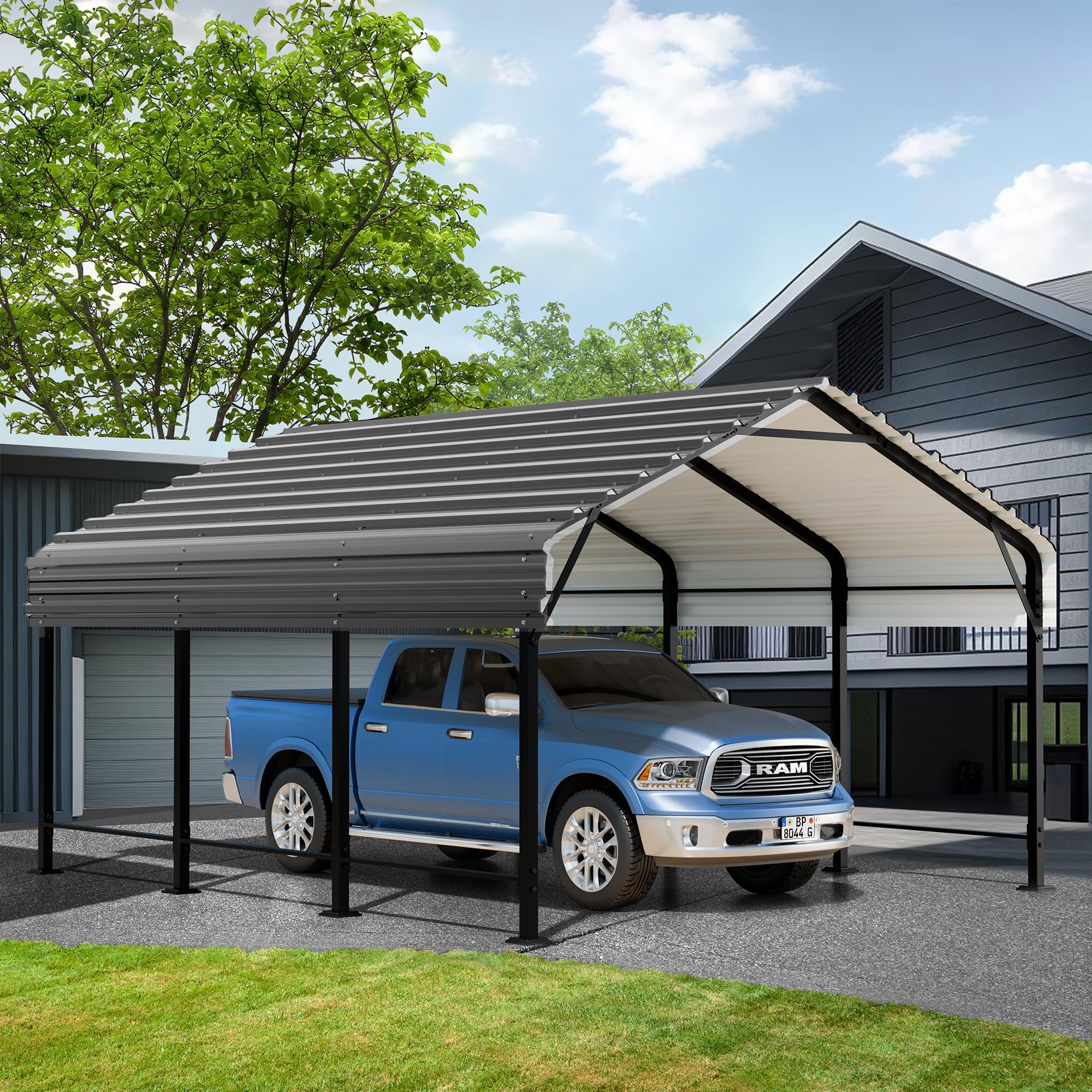 JAMFLY 12X15 FT Heavy Duty Carport Canopy, Galvanized Steel Roof & Frame Metal Carport, Large Garage for Pickup, Boat, Car & Tractors