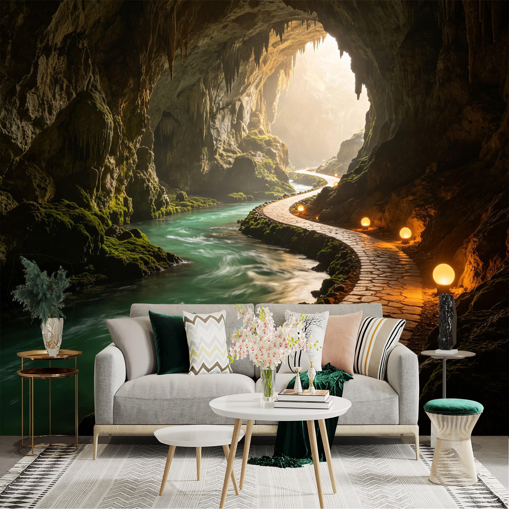 Custom Size Wall Sticker Mural， Mysterious Limestone Cave， Glowing River Path， Underground Natural Landscape， for wall Decoration， peelandstick wall Decals.