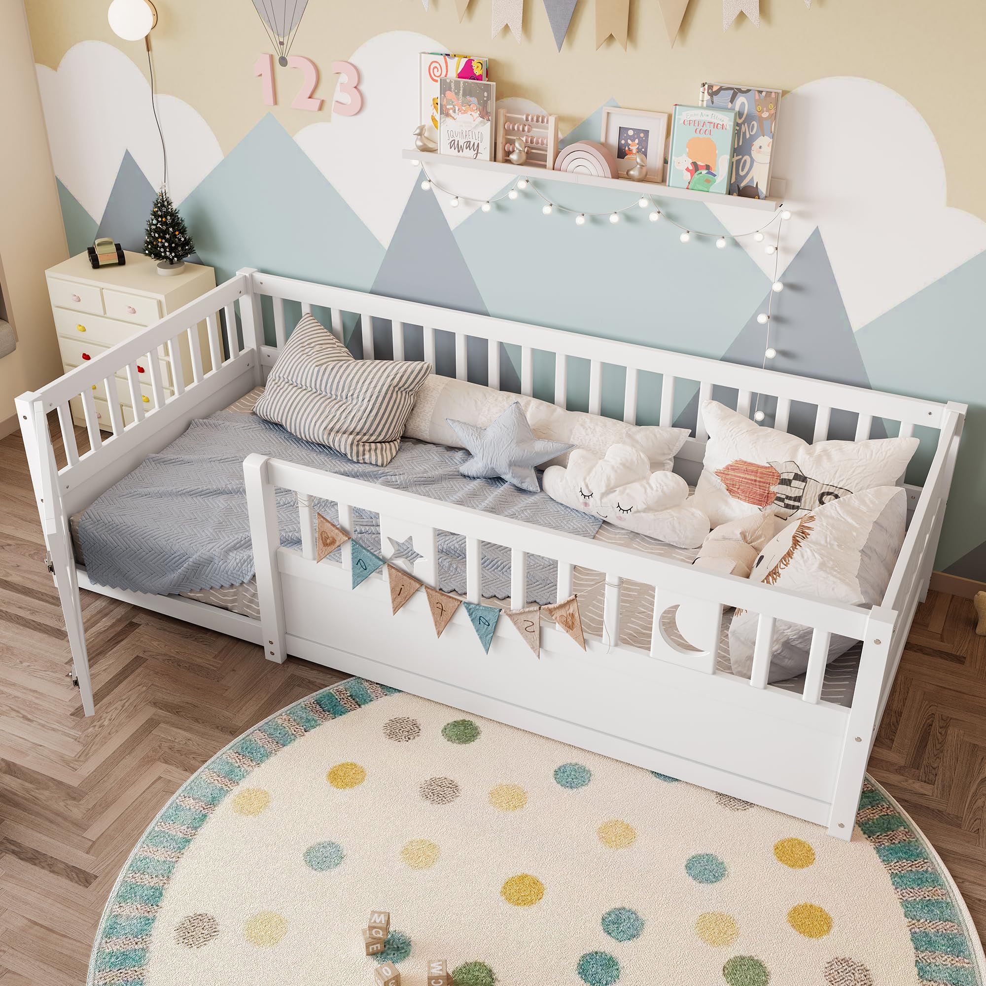 Cama Infantil al Suelo 90 x 190 cm, Cama Montessori con Barreras para Niños con Protección, Decoración de Estrella y Luna, sin somier de láminas, Colchón no Incluido, Blanco
