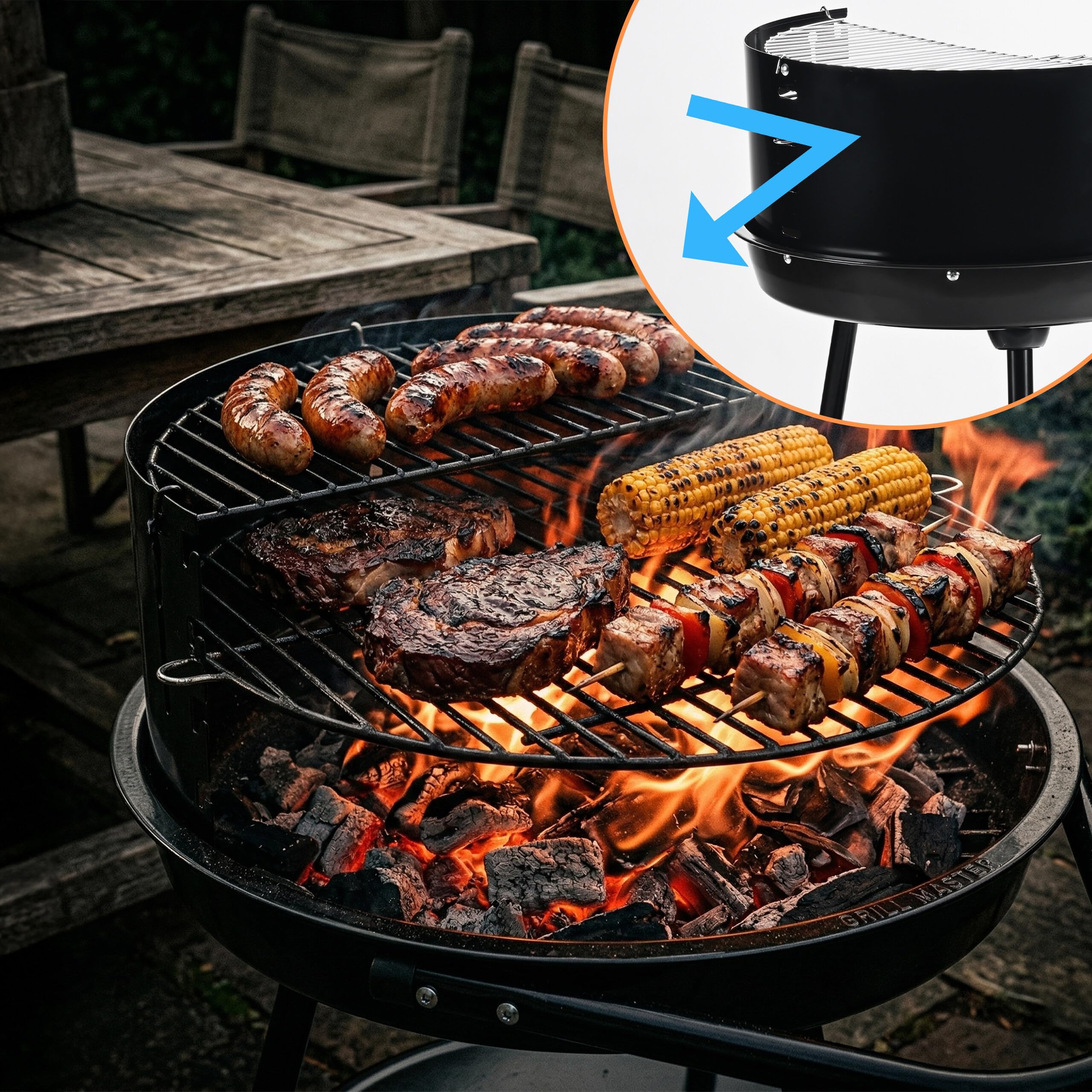 Relaxdays Barbacoa de carbón con Ruedas, Ø 47 cm, jardín, Negra | Paravientos, estante, rejilla calentadora, redonda